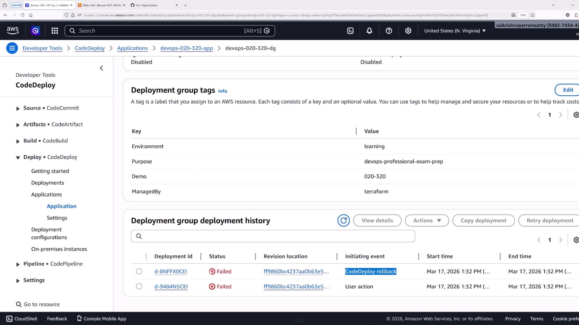 A screenshot of the AWS CodeDeploy console showing Deployment group tags (Environment: learning, Purpose: devops-professional-exam-prep, Demo: 020-320, ManagedBy: terraform) and the deployment history panel listing failed deployments and a CodeDeploy rollback.