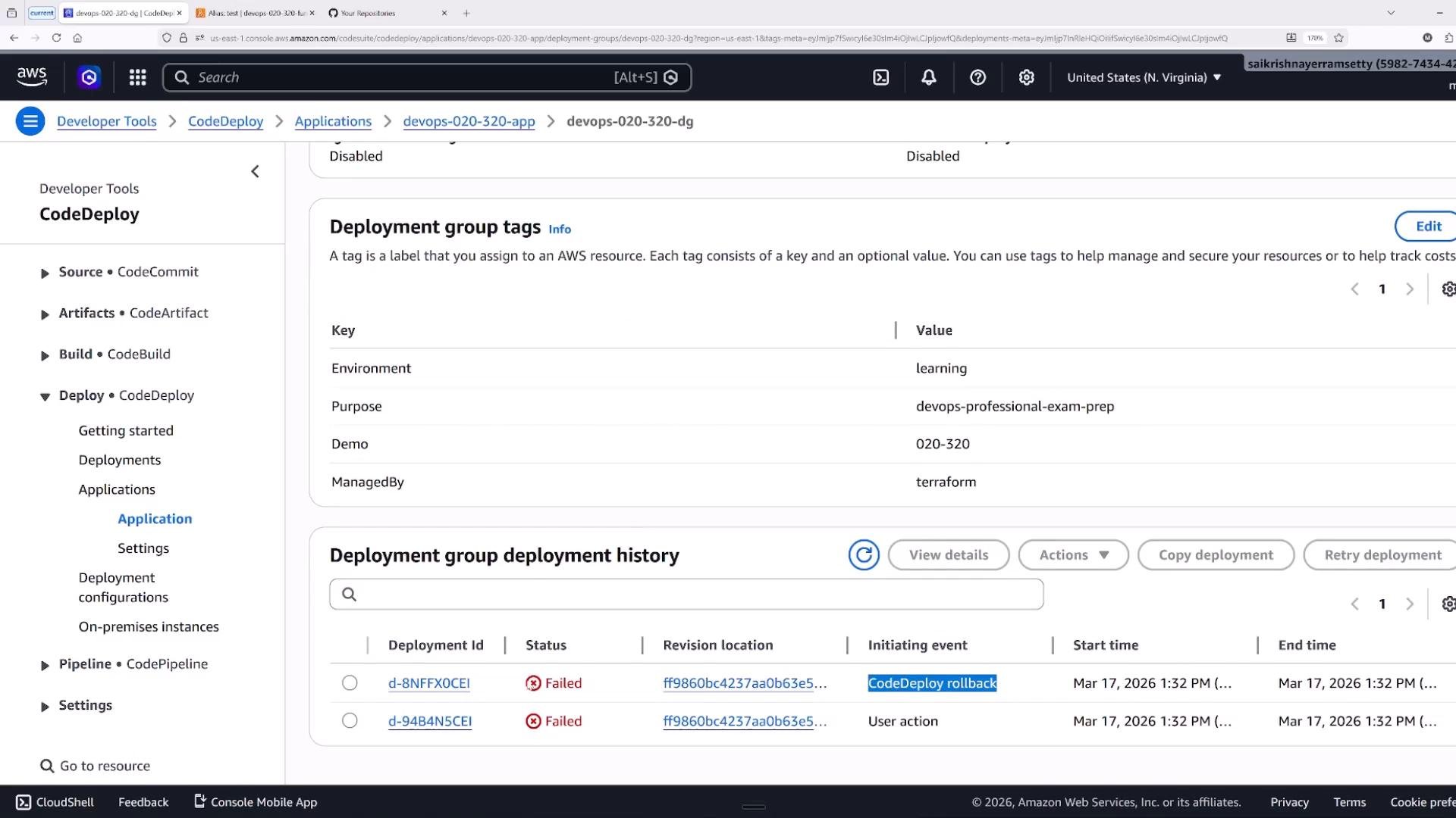 A screenshot of the AWS CodeDeploy console showing Deployment group tags (Environment: learning, Purpose: devops-professional-exam-prep, Demo: 020-320, ManagedBy: terraform) and the deployment history panel listing failed deployments and a CodeDeploy rollback.