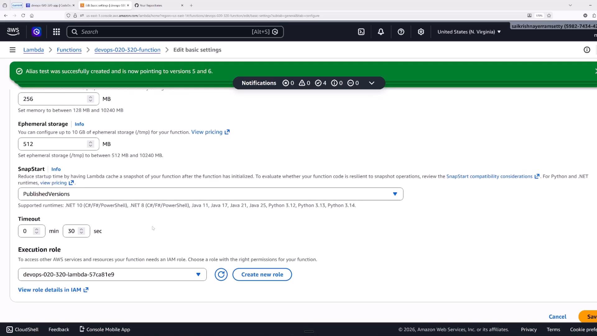 A screenshot of the AWS Lambda console "Edit basic settings" page showing configuration fields (Memory 256 MB, Ephemeral storage 512 MB, SnapStart set to PublishedVersions, Timeout 0:30) and an on-screen green banner saying "Alias test was successfully created."