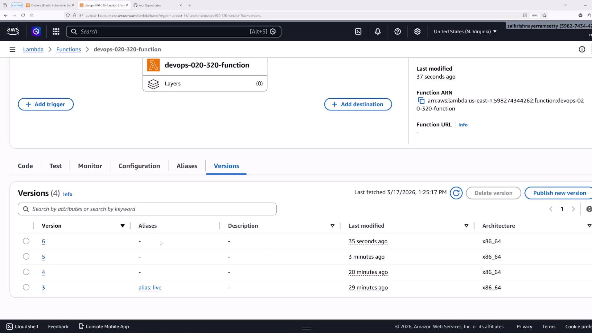 A screenshot of the AWS Lambda console on the "Versions" tab for the function named "devops-020-320-function," showing multiple published versions (3–6) with an alias "live." The page also shows buttons to add a trigger/destination and options to publish or delete versions.