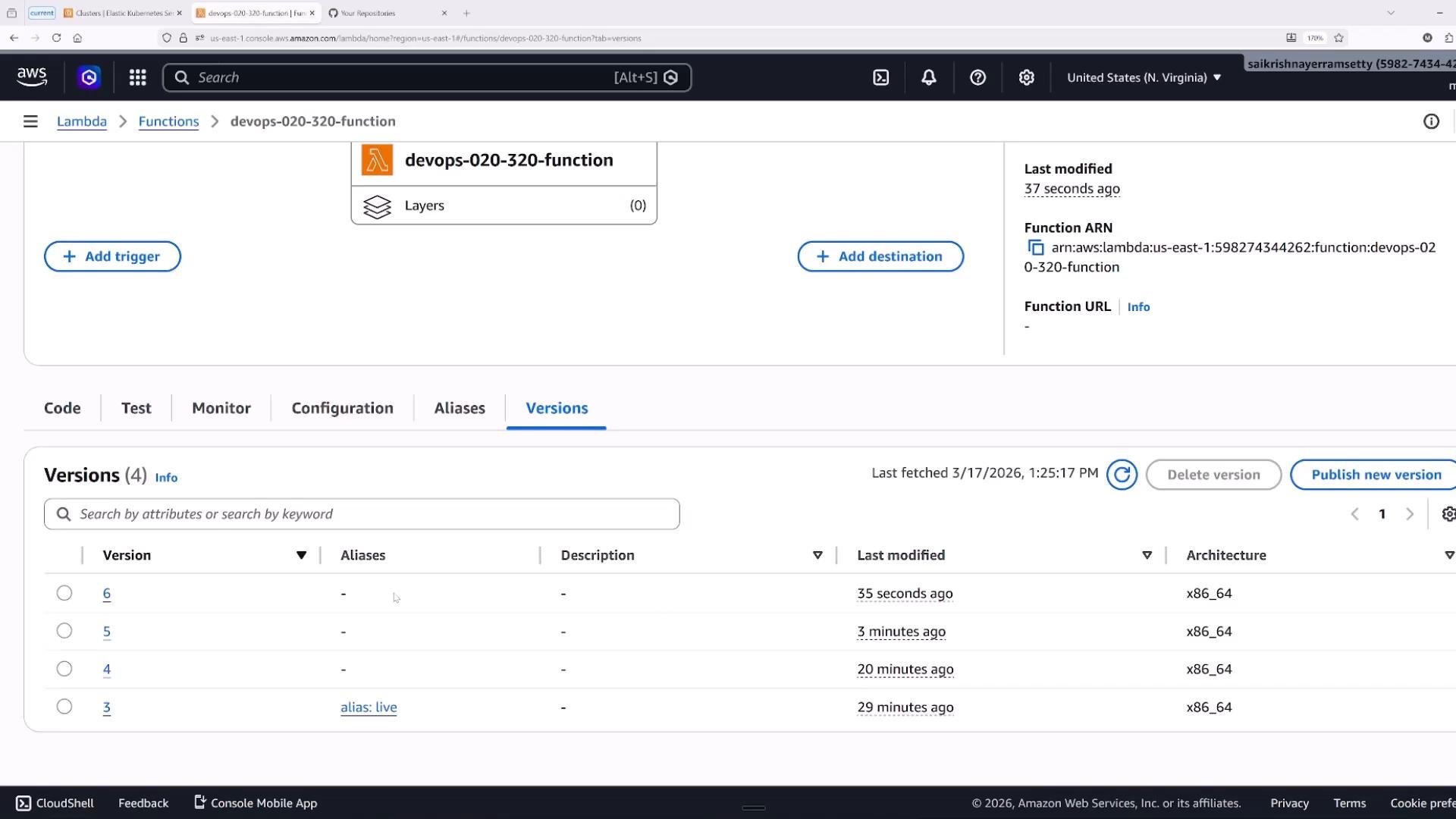 A screenshot of the AWS Lambda console on the "Versions" tab for the function named "devops-020-320-function," showing multiple published versions (3–6) with an alias "live." The page also shows buttons to add a trigger/destination and options to publish or delete versions.