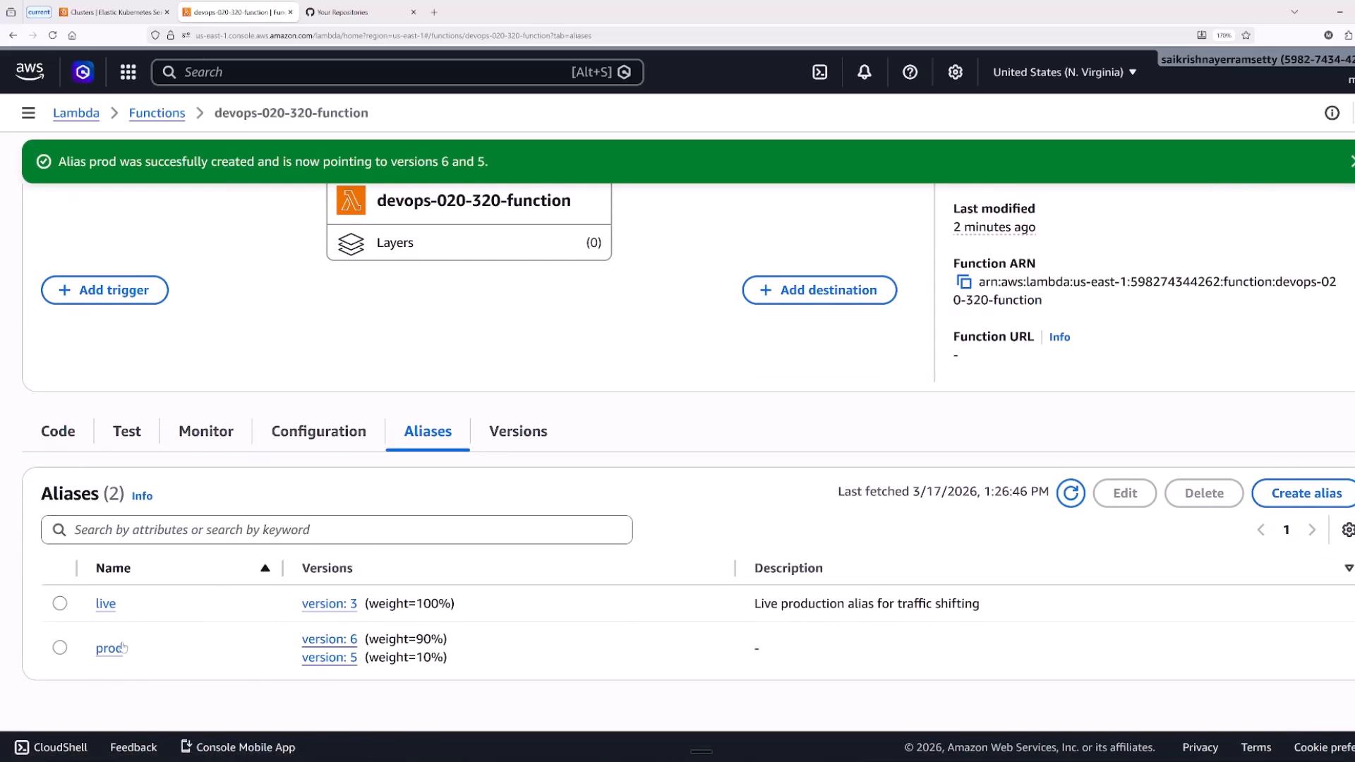 A screenshot of the AWS Lambda console for the function "devops-020-320-function" showing the Aliases tab and a green banner saying "Alias prod was successfully created." The aliases table lists "live" and "prod," with prod routing traffic to versions 6 and 5 (weights 90% and 10%).