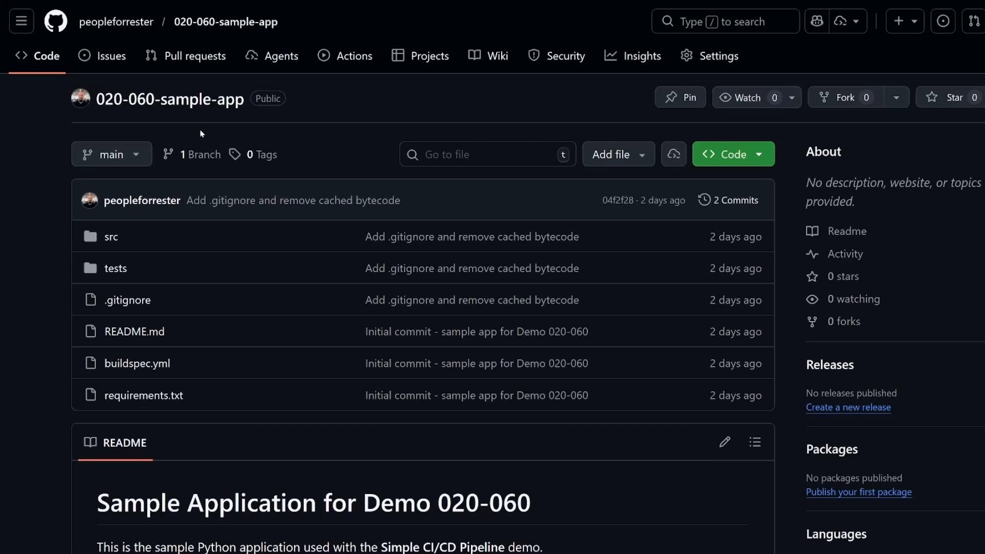 Screenshot of a dark-themed GitHub repository page for "020-060-sample-app" showing the file list (src, tests, .gitignore, README.md, buildspec.yml, requirements.txt) and repo details. The README section displays the title "Sample Application for Demo 020-060."