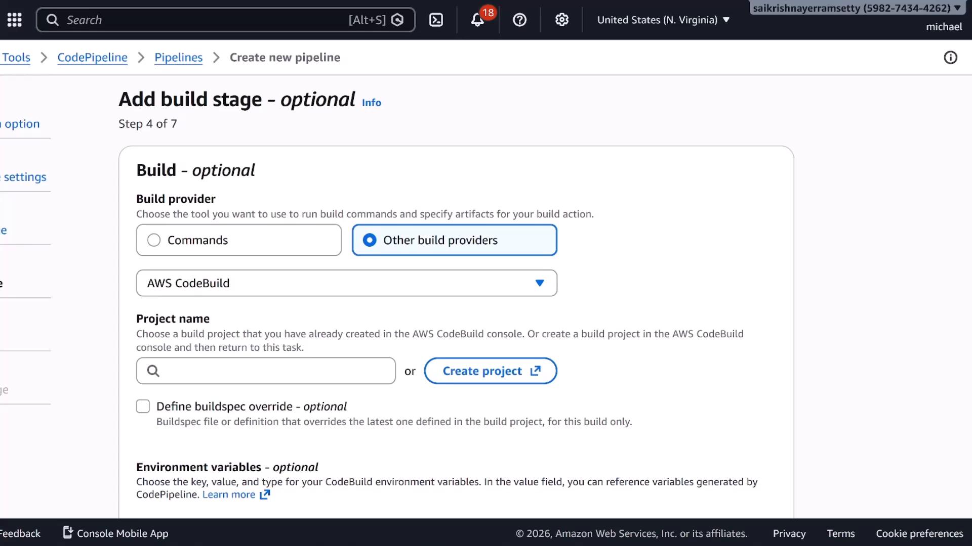 Screenshot of the AWS CodePipeline "Add build stage - optional" page showing build provider options (Commands or Other build providers) with AWS CodeBuild selected, plus fields for project name and environment variables.