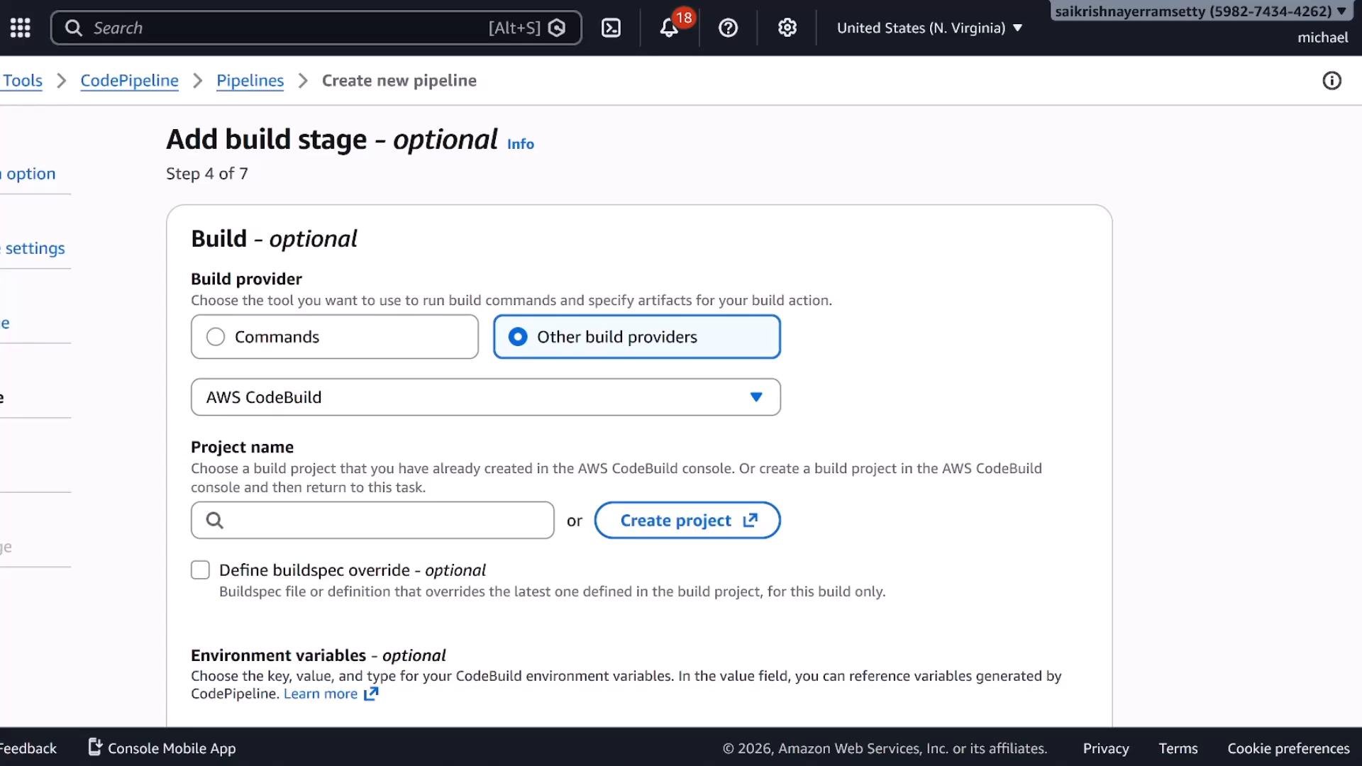 Screenshot of the AWS CodePipeline "Add build stage - optional" page showing build provider options (Commands or Other build providers) with AWS CodeBuild selected, plus fields for project name and environment variables.
