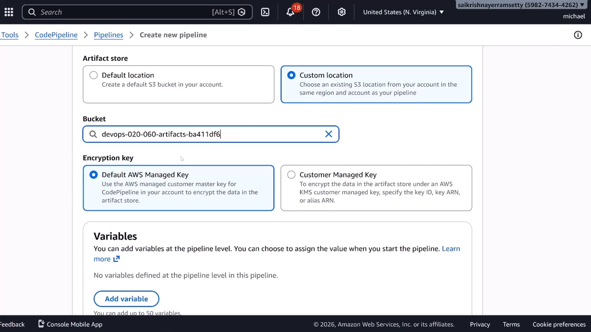 Screenshot of the AWS CodePipeline "Create new pipeline" settings showing the Artifact store configured to a custom S3 bucket (devops-020-060-artifacts-ba411df6) with the default AWS-managed encryption key selected. The Variables section and an "Add variable" button are visible below.