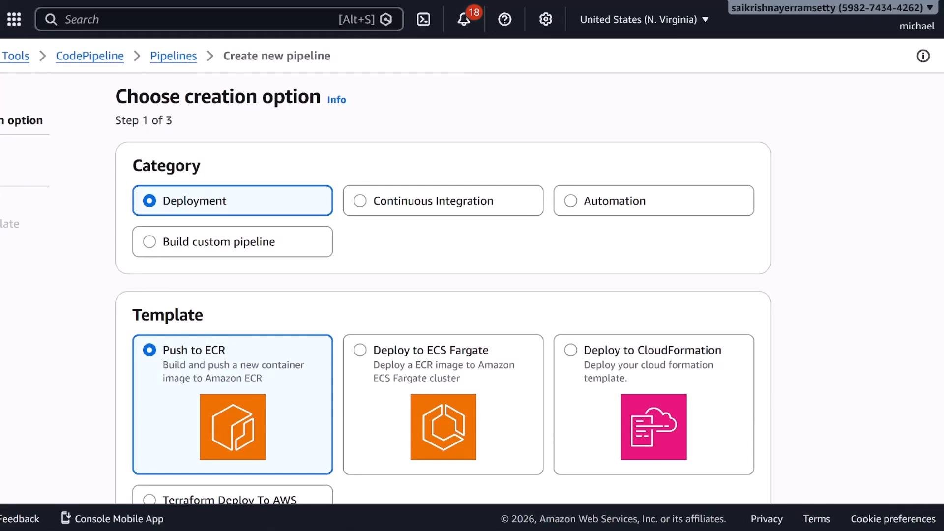 A screenshot of the AWS CodePipeline "Choose creation option" page showing category choices (Deployment is selected) and template cards below, with "Push to ECR" highlighted.