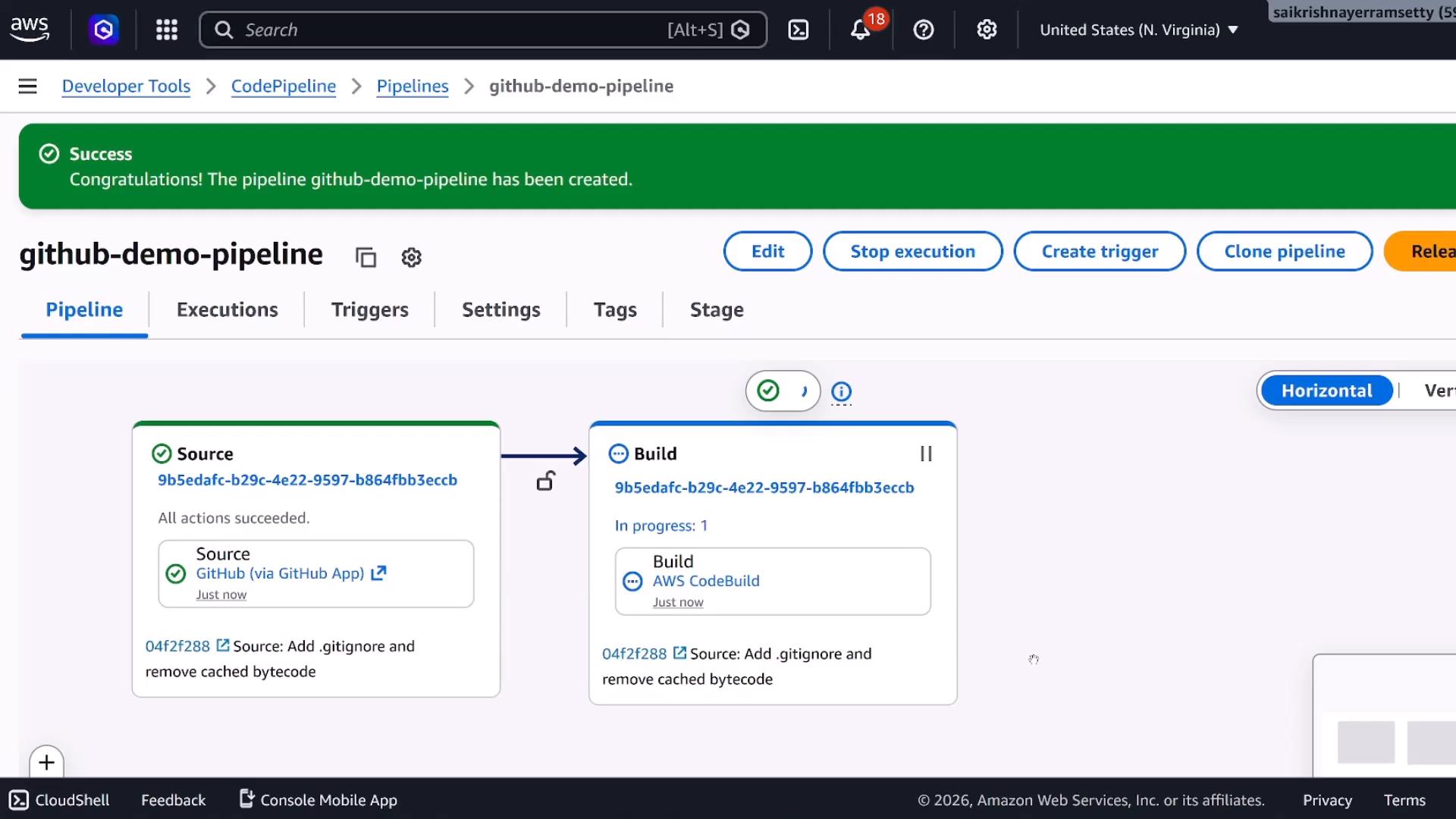 A screenshot of the AWS CodePipeline console for a pipeline named "github-demo-pipeline," with a green success banner indicating the pipeline was created. The pipeline view shows Source (GitHub) and Build (AWS CodeBuild) stages, with actions marked succeeded or in progress.