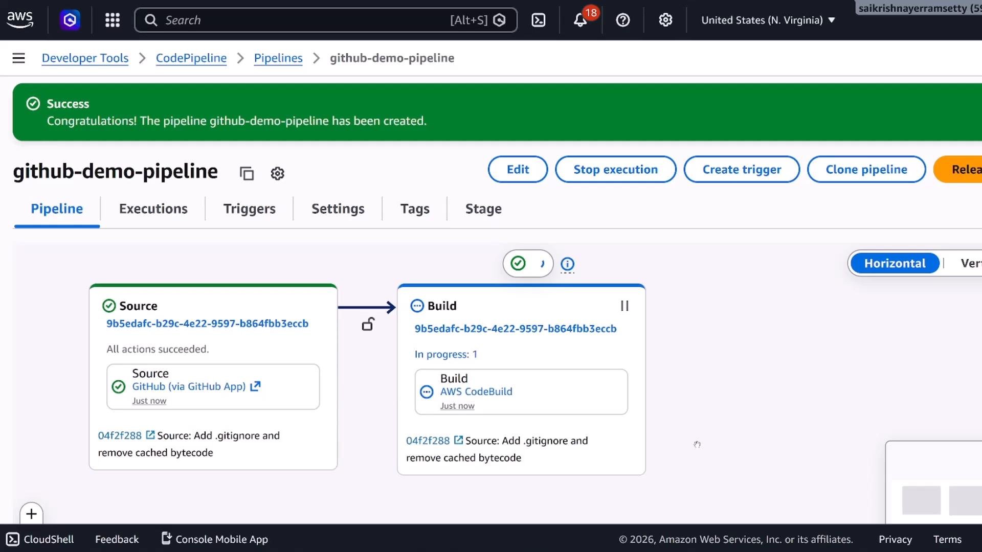 A screenshot of the AWS CodePipeline console for a pipeline named "github-demo-pipeline," with a green success banner indicating the pipeline was created. The pipeline view shows Source (GitHub) and Build (AWS CodeBuild) stages, with actions marked succeeded or in progress.