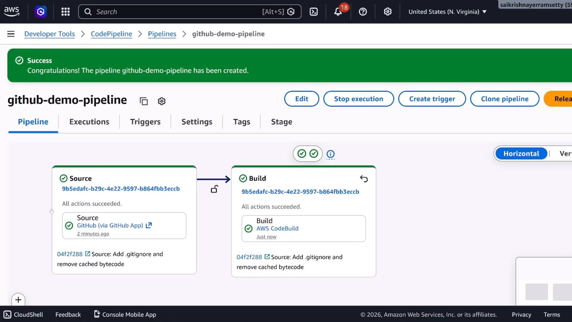A screenshot of the AWS CodePipeline console showing a "github-demo-pipeline" with a green success banner. The pipeline's Source and Build stages are displayed and marked as succeeded.