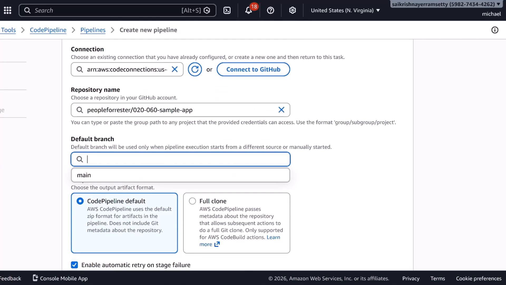 Screenshot of the AWS CodePipeline "Create new pipeline" setup page. It shows a GitHub connection, repository "peopleforrester/020-060-sample-app", the default branch set to "main", and artifact format options.