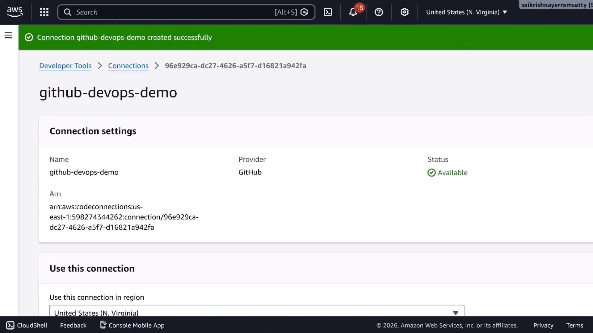 Screenshot of the AWS Developer Tools Connections page showing a connection named "github-devops-demo." The connection details show provider GitHub, its ARN, and a green "Available" status banner.