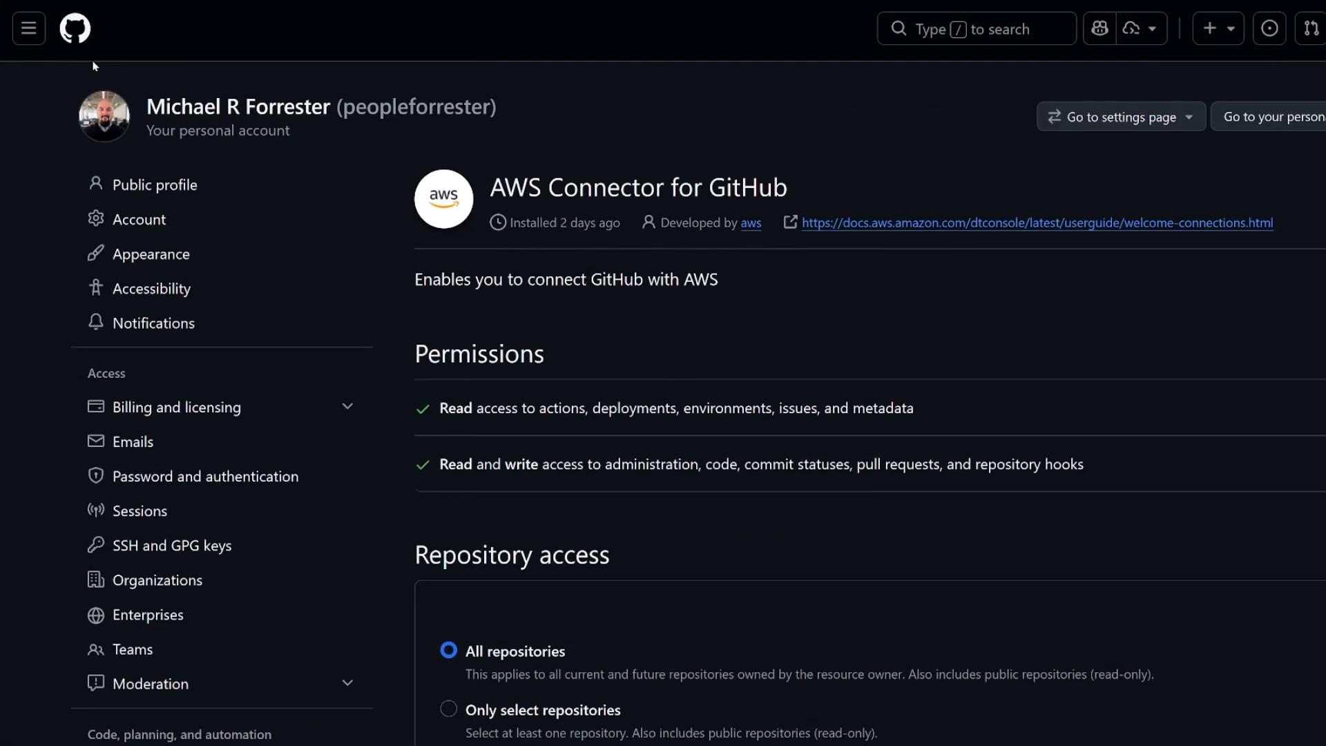 A dark-mode GitHub settings page showing the "AWS Connector for GitHub" app with its permissions and repository access options. The left sidebar lists account and access settings like Appearance, Notifications, and SSH keys.