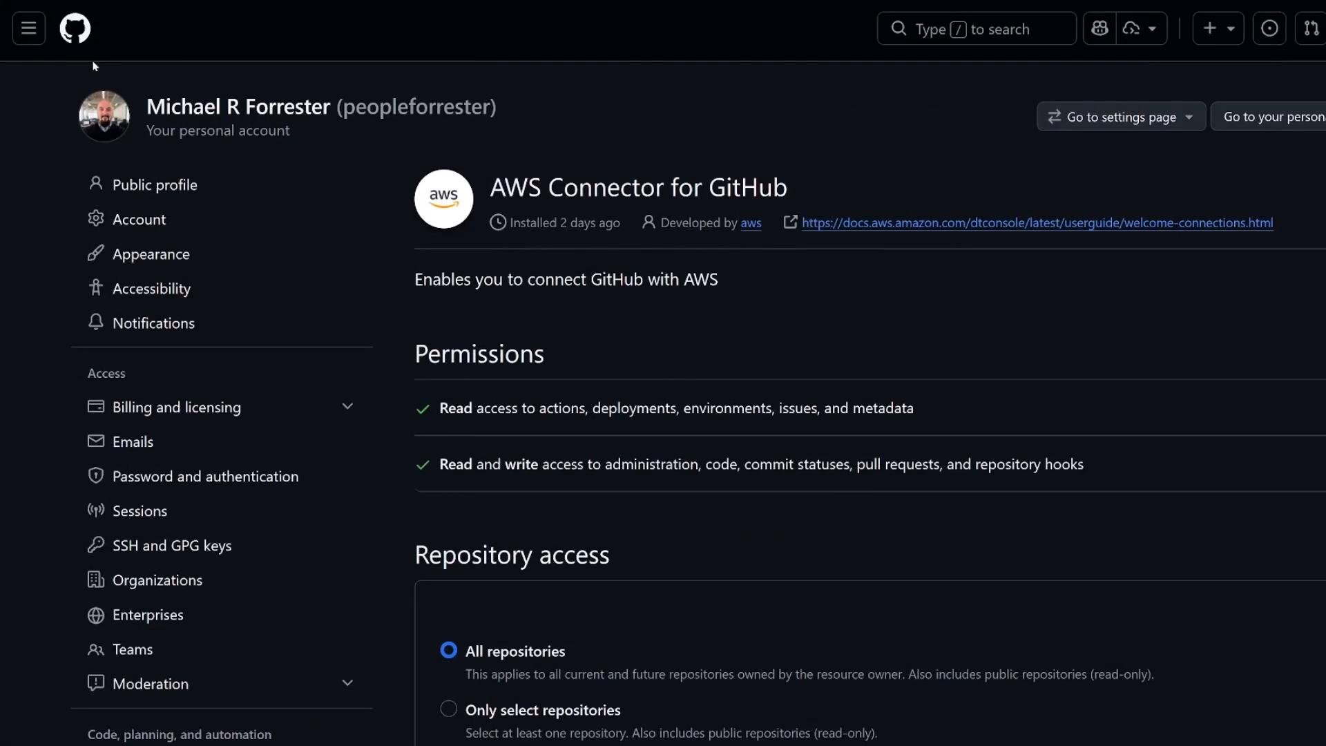 A dark-mode GitHub settings page showing the "AWS Connector for GitHub" app with its permissions and repository access options. The left sidebar lists account and access settings like Appearance, Notifications, and SSH keys.