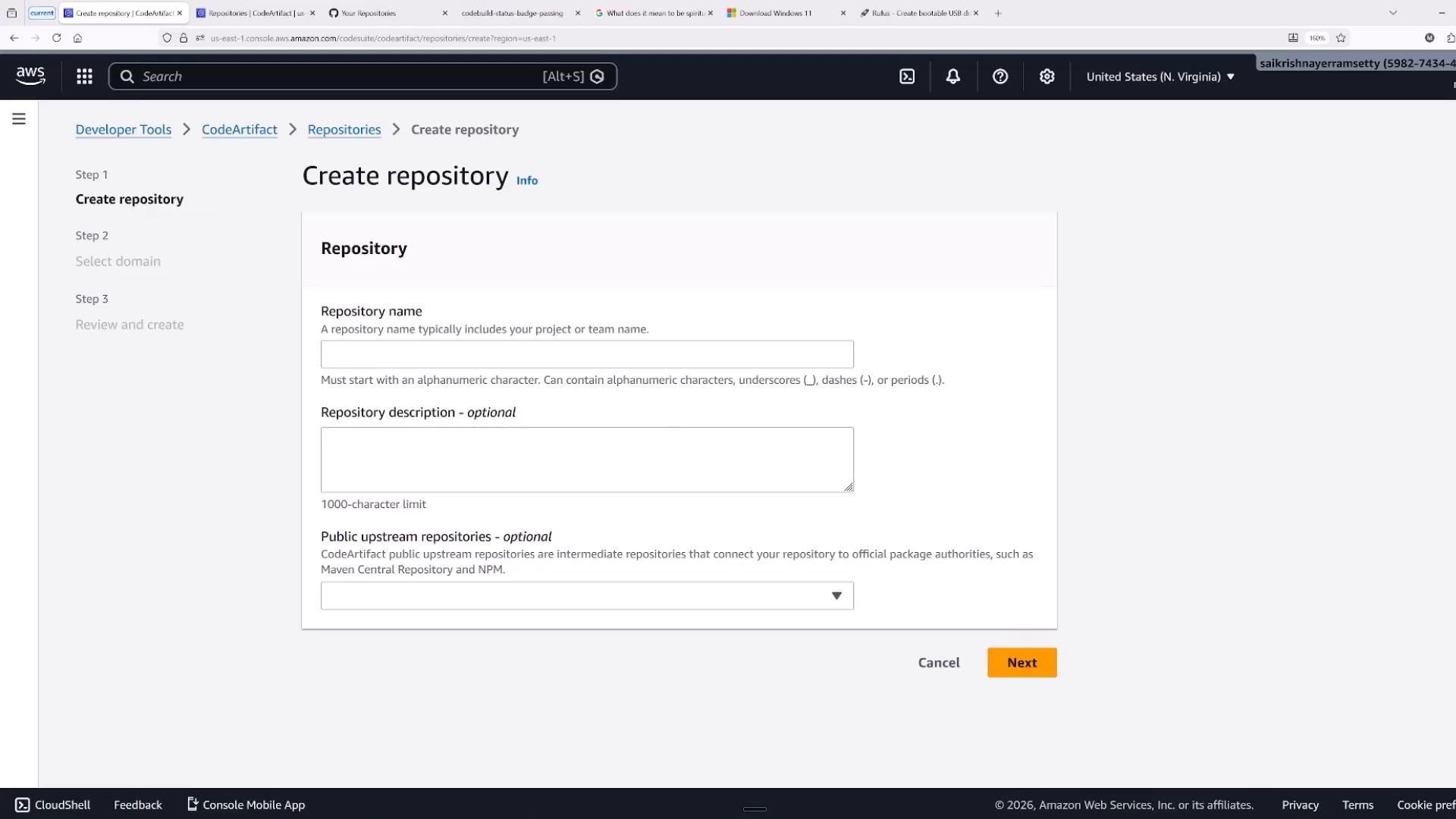 A screenshot of the AWS Management Console showing the CodeArtifact "Create repository" page with form fields for repository name, description, and public upstream repositories. The page includes step navigation on the left and a prominent orange "Next" button at the bottom right.