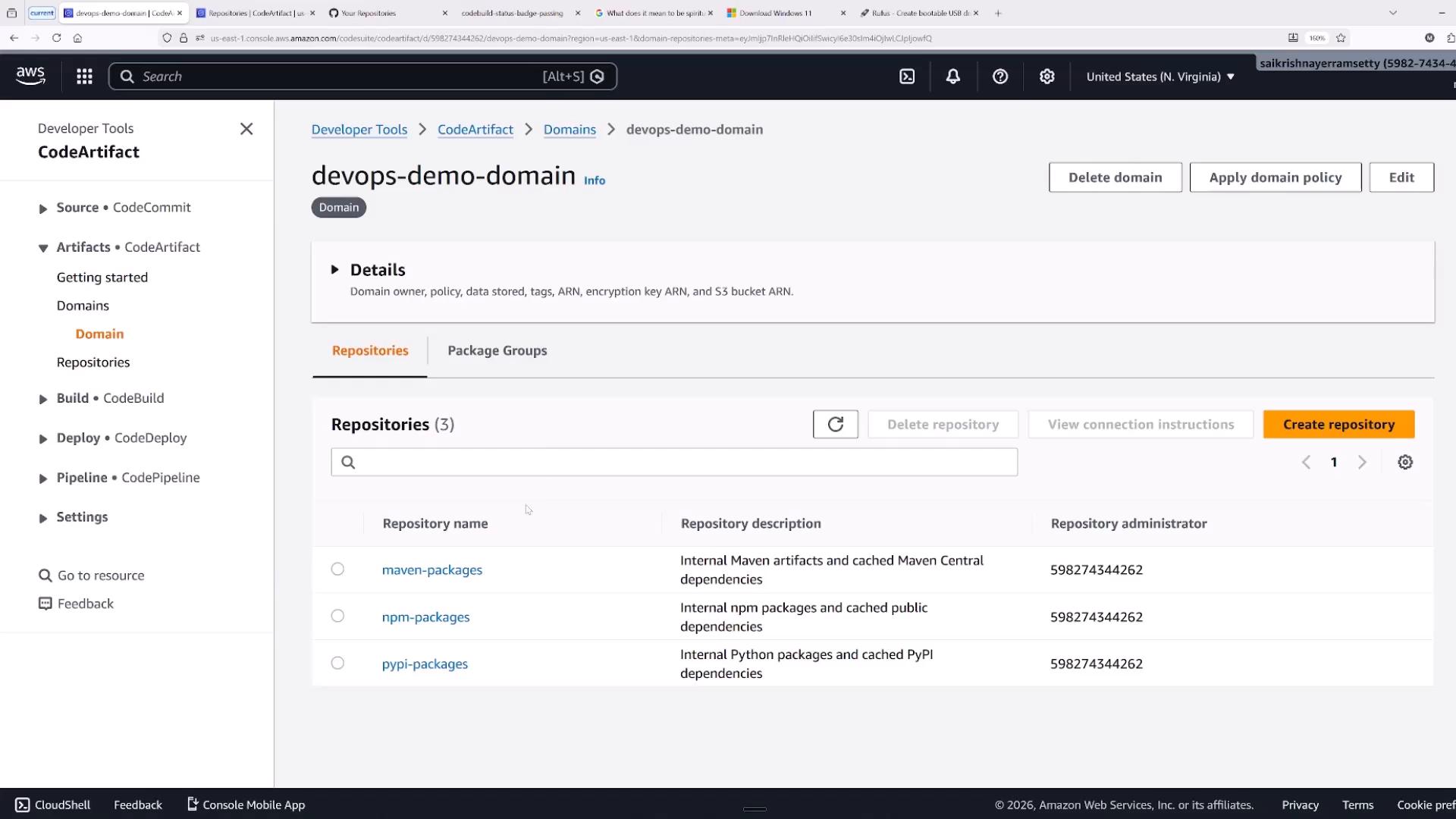 Screenshot of the AWS CodeArtifact console showing the "devops-demo-domain" domain and a list of three repositories (maven-packages, npm-packages, pypi-packages). Domain management buttons (Delete domain, Apply domain policy, Create repository) and the Developer Tools navigation menu are visible.