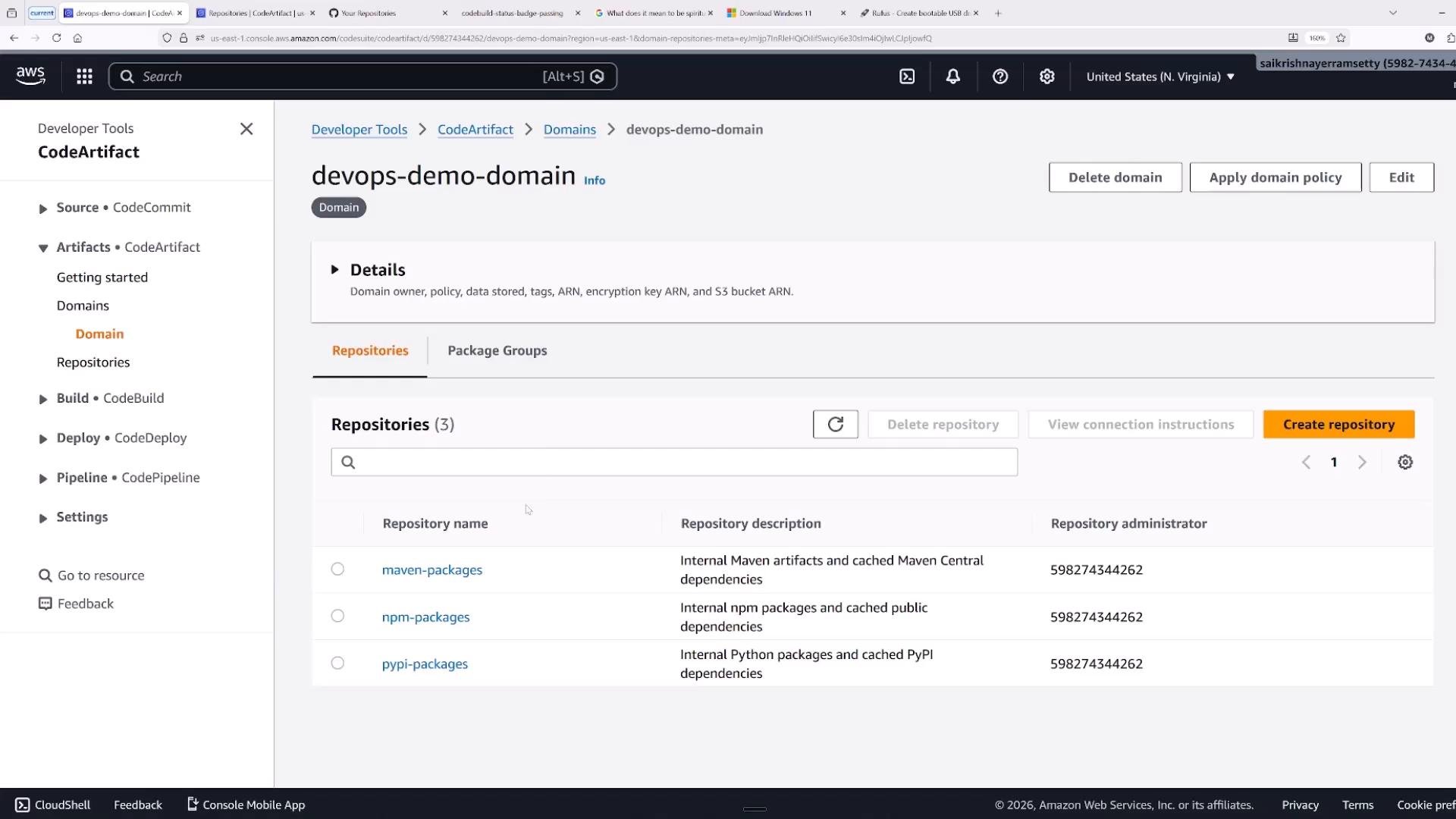 Screenshot of the AWS CodeArtifact console showing the "devops-demo-domain" domain and a list of three repositories (maven-packages, npm-packages, pypi-packages). Domain management buttons (Delete domain, Apply domain policy, Create repository) and the Developer Tools navigation menu are visible.