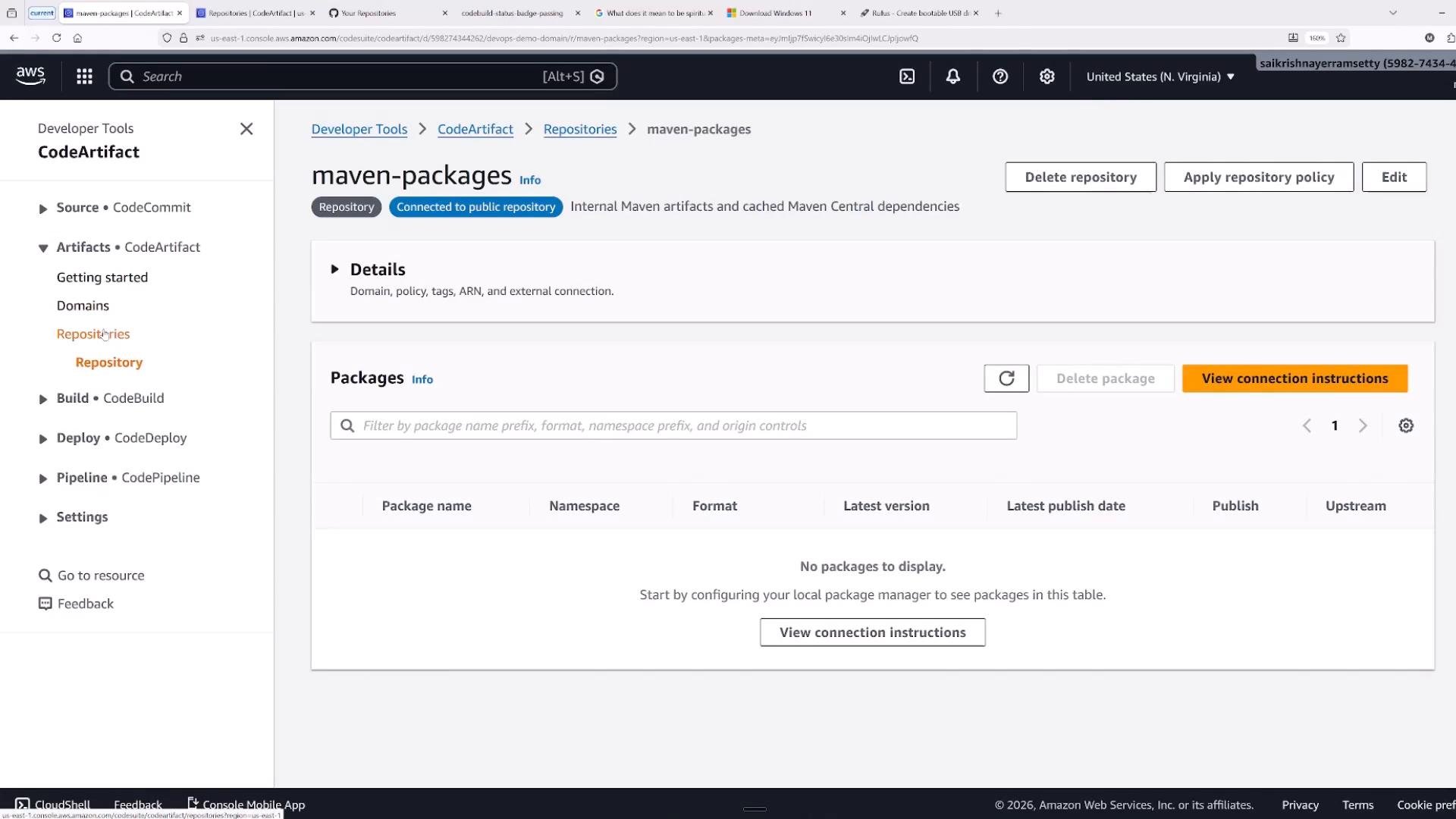 Screenshot of the AWS CodeArtifact console showing a "maven-packages" repository (connected to a public repository) with no packages listed. The left sidebar shows Developer Tools navigation (CodeCommit, CodeArtifact, CodeBuild, etc.) and a "View connection instructions" button is highlighted.