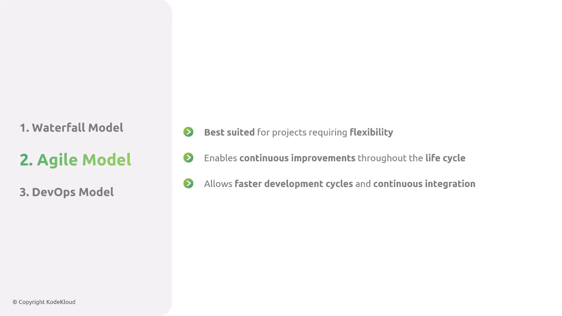A presentation slide listing three software development approaches—1. Waterfall Model, 2. Agile Model (highlighted), and 3. DevOps Model. The right side shows bullets describing Agile as suited for flexibility, enabling continuous improvements, and allowing faster development cycles with continuous integration.