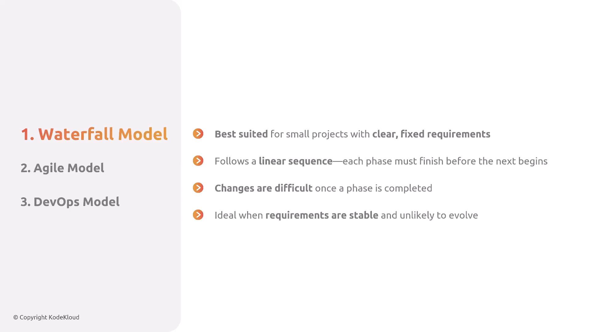 A presentation slide listing development models (Waterfall, Agile, DevOps) with the Waterfall Model highlighted. It summarizes Waterfall as best for small projects with clear, fixed requirements, following a linear sequence where changes are difficult once a phase is completed.