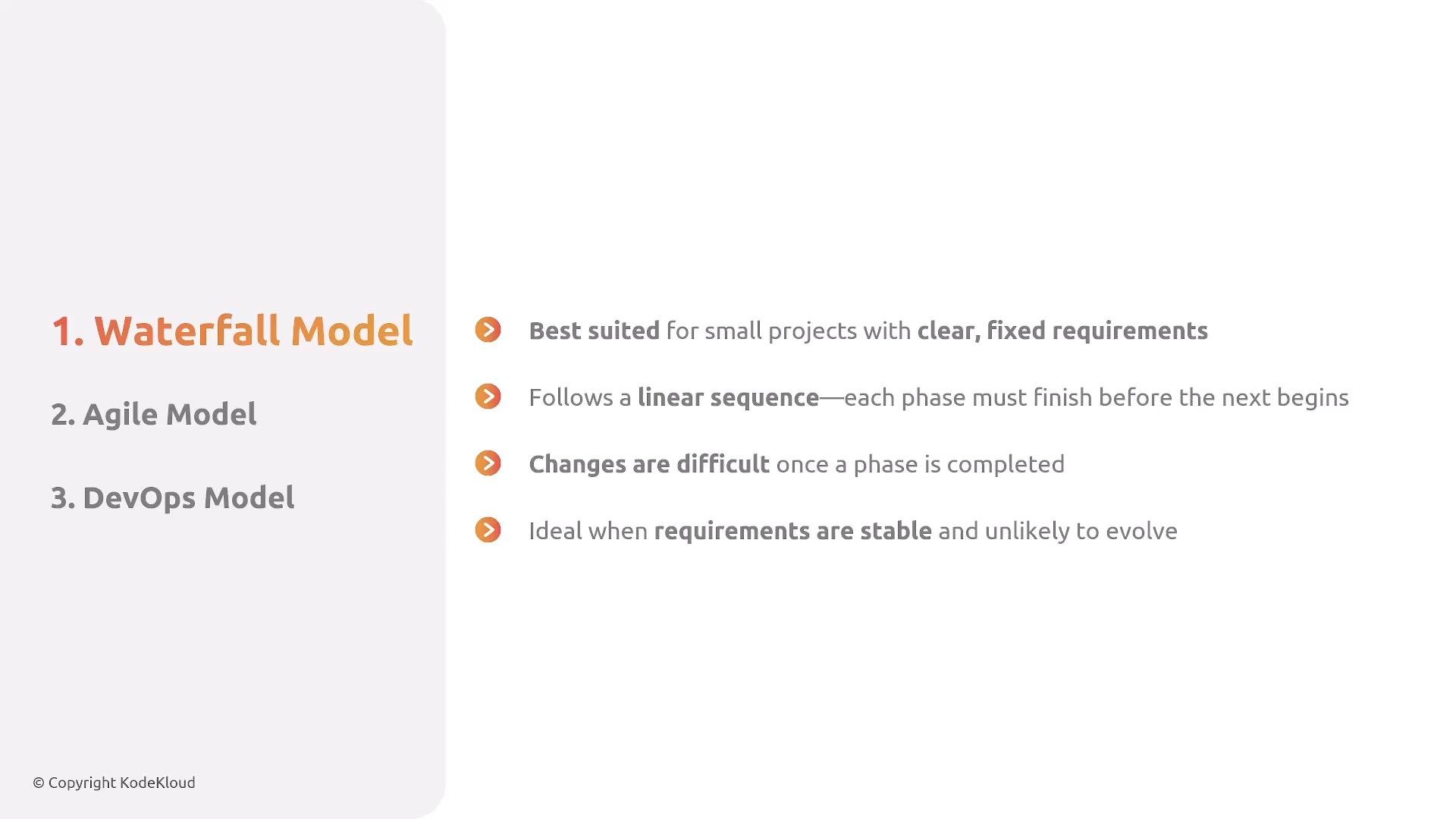 A presentation slide listing development models (Waterfall, Agile, DevOps) with the Waterfall Model highlighted. It summarizes Waterfall as best for small projects with clear, fixed requirements, following a linear sequence where changes are difficult once a phase is completed.
