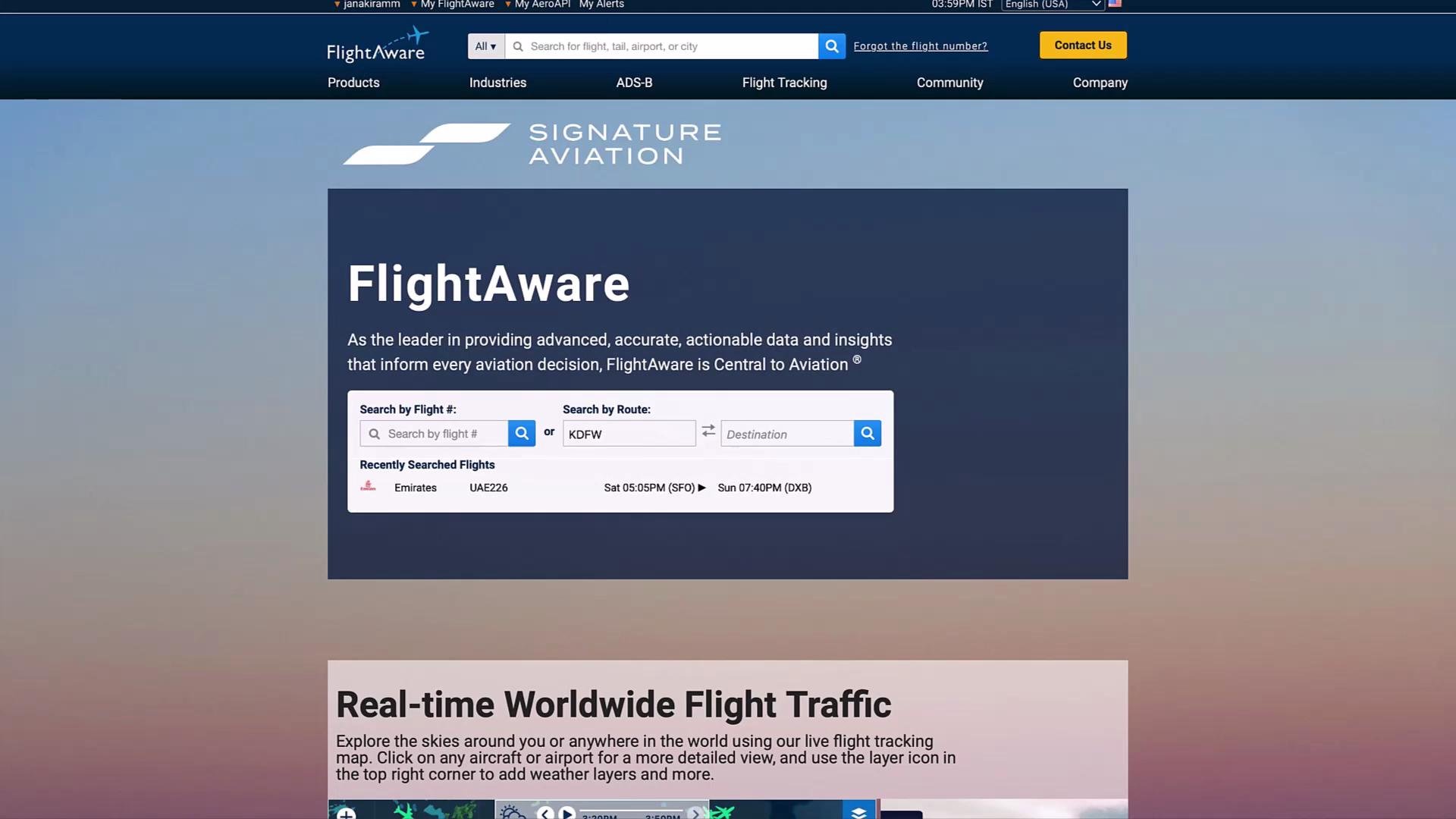 The image shows the home page of FlightAware, a website for flight tracking and aviation data, featuring search options for flights and routes.