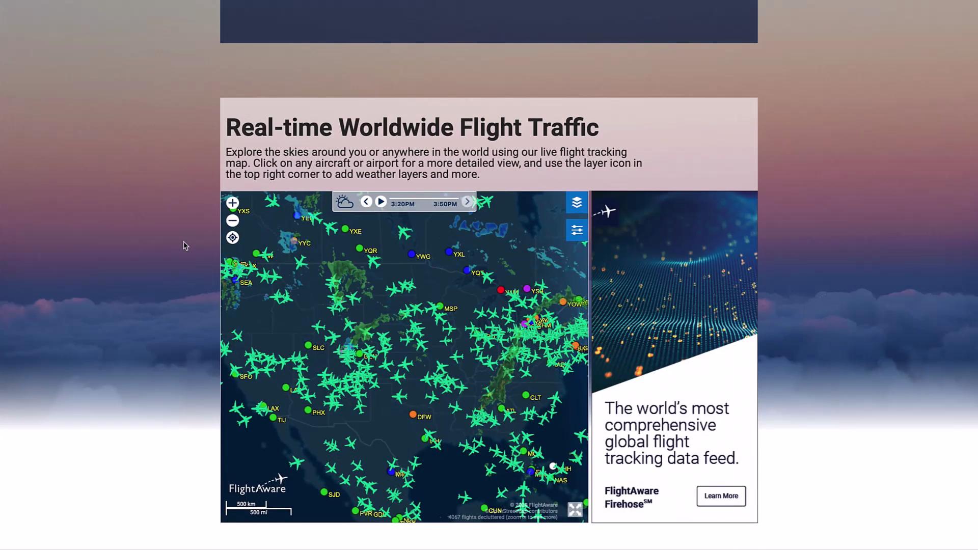 The image shows a real-time worldwide flight traffic map from FlightAware, displaying numerous aircraft icons over a region. It also includes promotional text for a global flight tracking data feed.