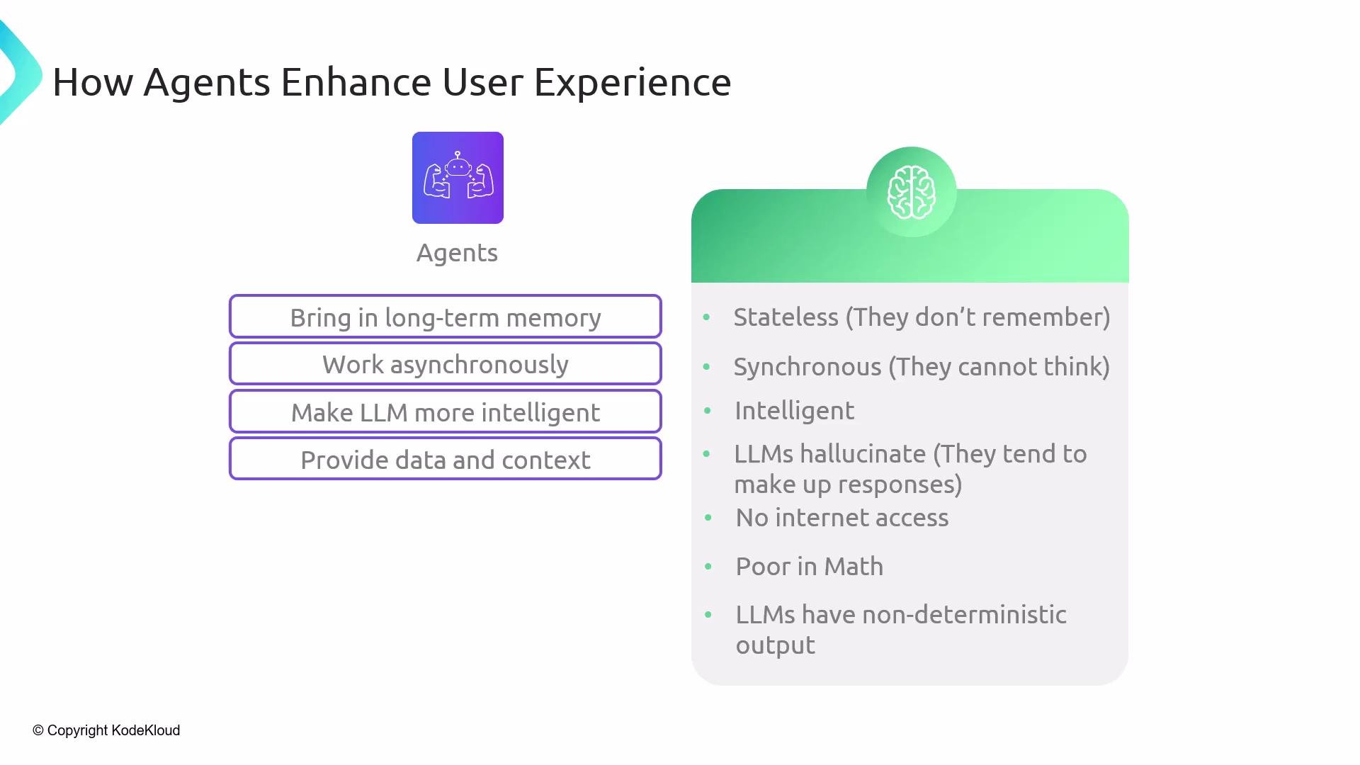 The image compares how agents enhance user experience by providing long-term memory, working asynchronously, making LLMs more intelligent, and supplying data and context, against the limitations of LLMs such as being stateless, synchronous, and lacking internet access.