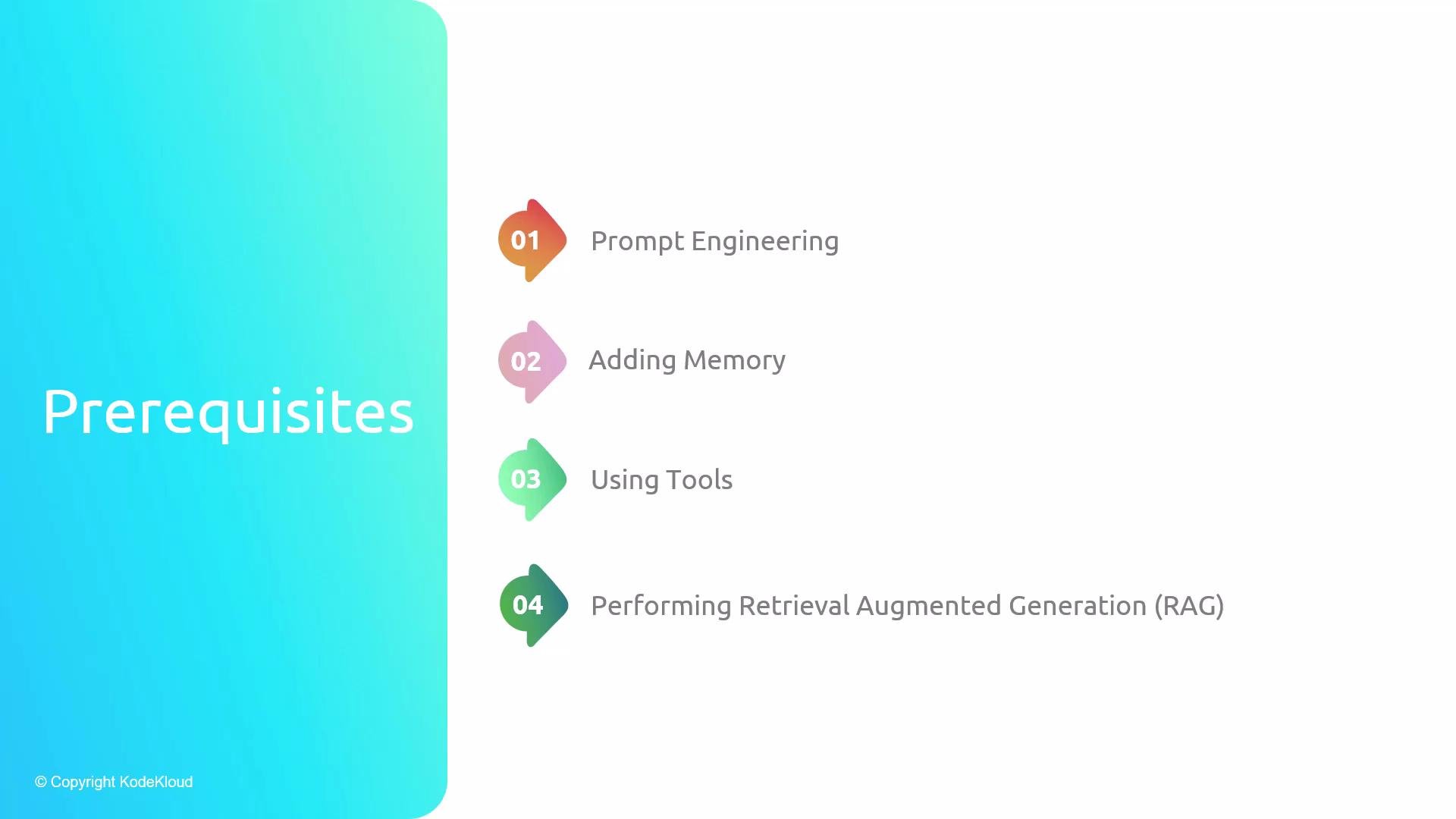 The image lists four prerequisites: Prompt Engineering, Adding Memory, Using Tools, and Performing Retrieval Augmented Generation (RAG).