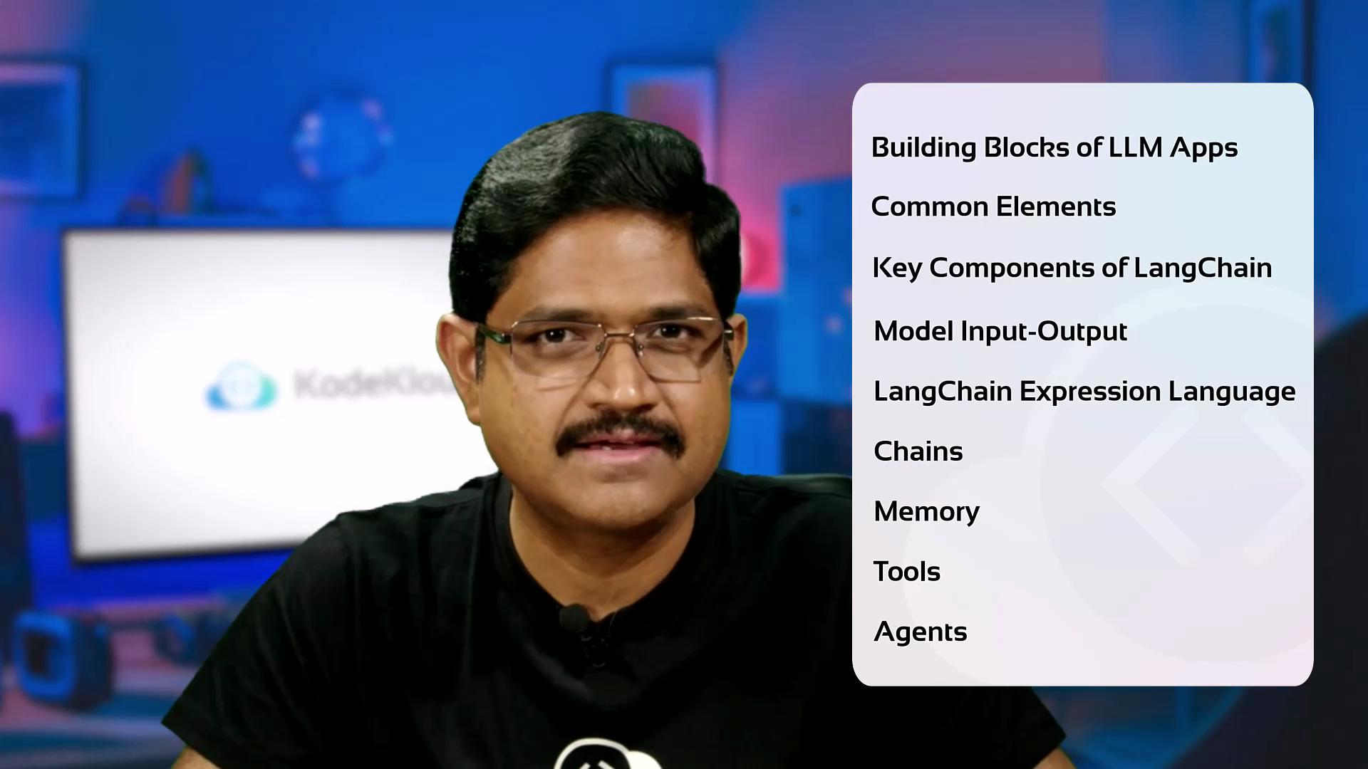 The image shows a person in a room with a list of topics related to LangChain, such as "Building Blocks of LLM Apps" and "Key Components of LangChain," displayed on the right.