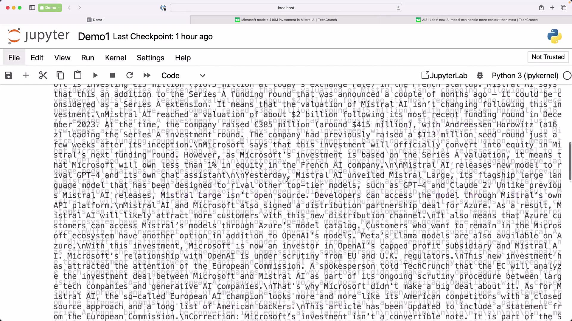 The image shows a JupyterLab interface with a document open, displaying a large block of text discussing Microsoft's investment in Mistral AI.