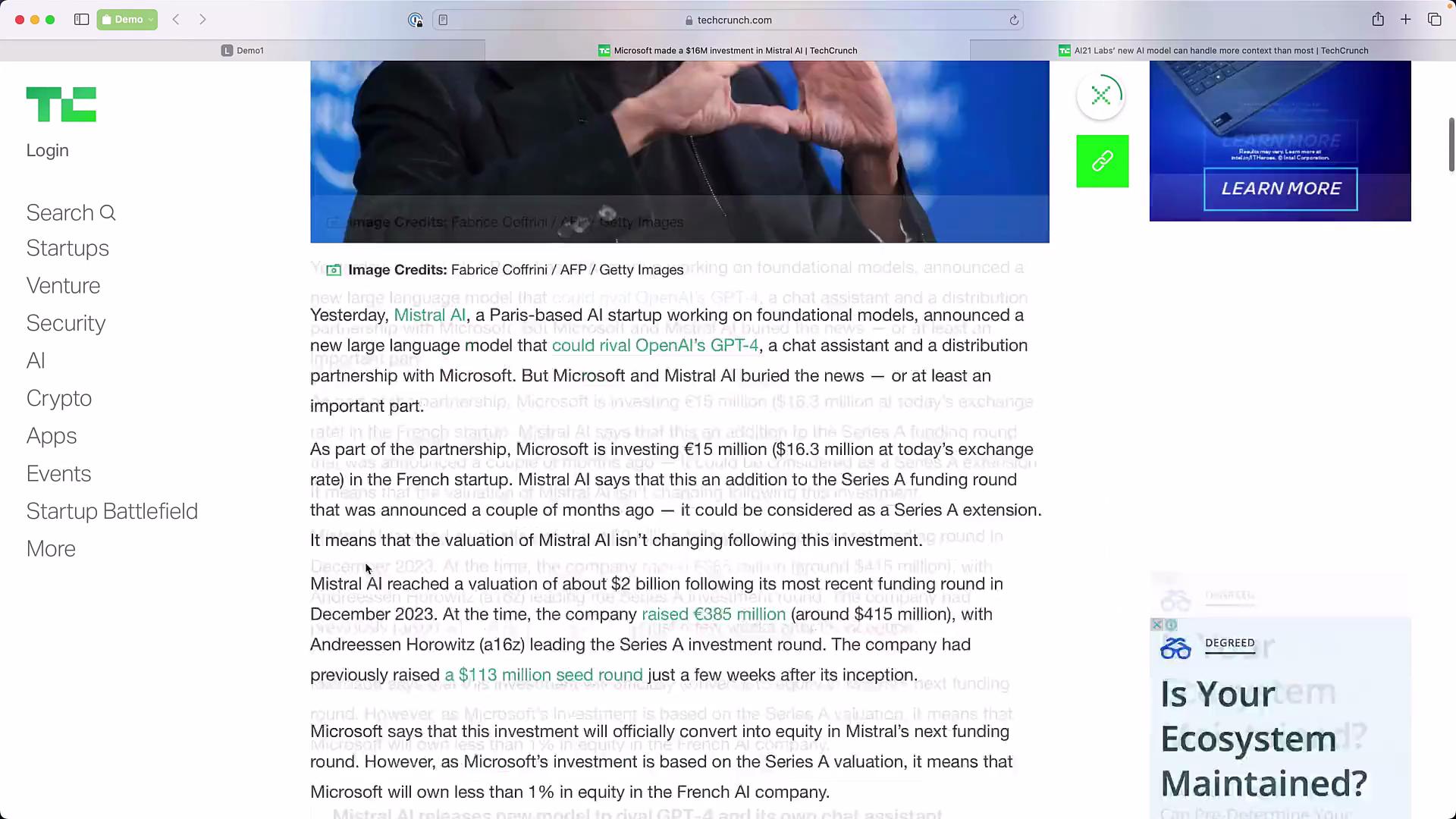 The image shows a webpage from TechCrunch discussing Microsoft's investment in Mistral AI, with some ads and a navigation bar on the left side.