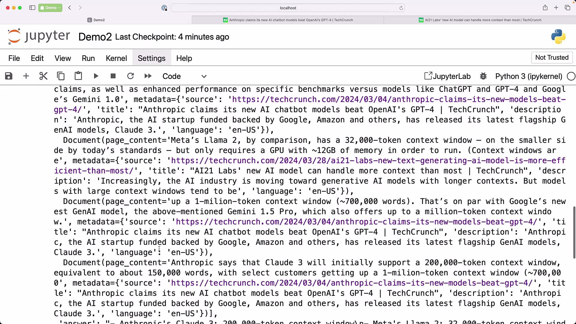 The image shows a JupyterLab interface displaying code in a Python notebook. The code appears to be related to AI models and their specifications, mentioning Anthropic and Meta's Llama 2.