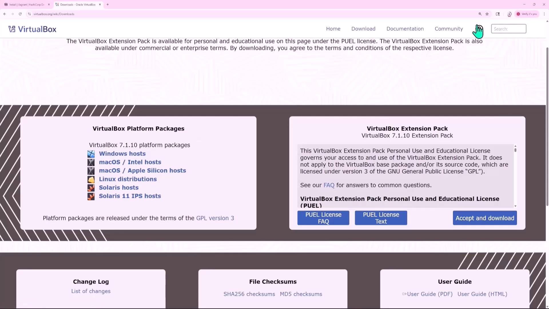 A screenshot of the VirtualBox downloads webpage. It shows platform package links (Windows, macOS, Linux, Solaris) on the left and the Extension Pack license text with an "Accept and download" button on the right.