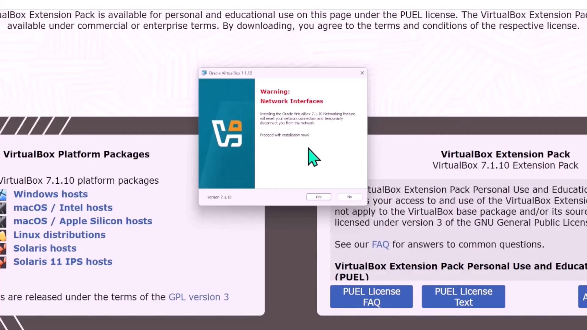 A screenshot showing an Oracle VirtualBox warning dialog about "Network Interfaces" (asking to proceed with installation) centered over a webpage listing VirtualBox platform packages and the Extension Pack download.