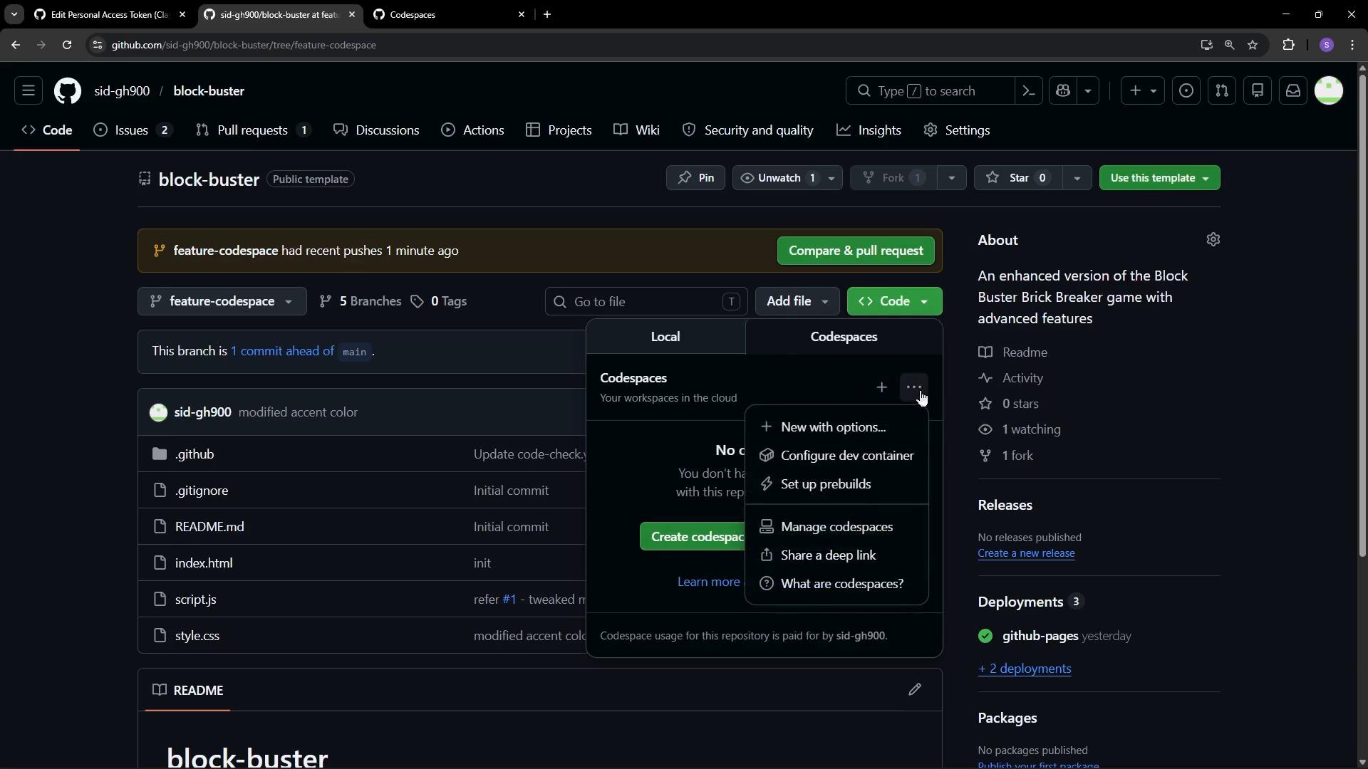 A dark-mode GitHub repository page for a project named "block-buster," showing the file list and branch info with a Codespaces menu open. The right sidebar displays the project description and deployment details.