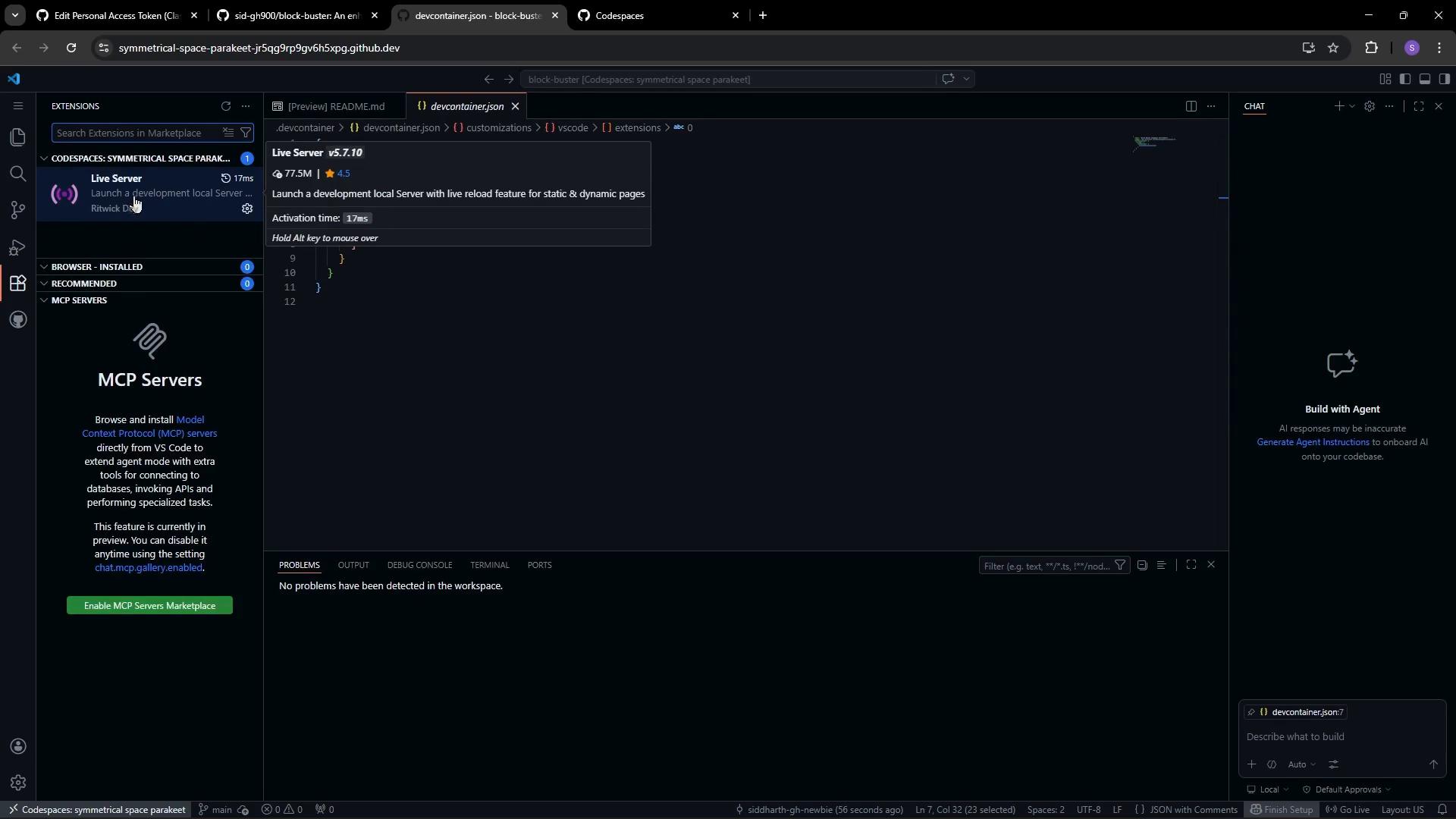 A dark-themed Visual Studio Code/Codespaces window with the Extensions sidebar open (highlighting the "Live Server" extension) and an MCP Servers panel on the left, while a devcontainer.json file is open in the main editor area. The bottom shows the problems/output area and a chat/agent pane is visible on the right.