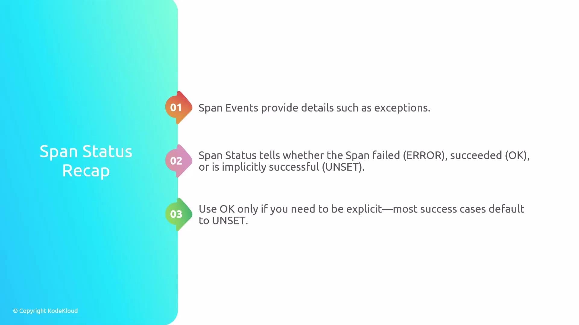 The image outlines a recap of span status with three main points: span events provide details, span status indicates success or failure, and explicit "OK" usage is not usually necessary.