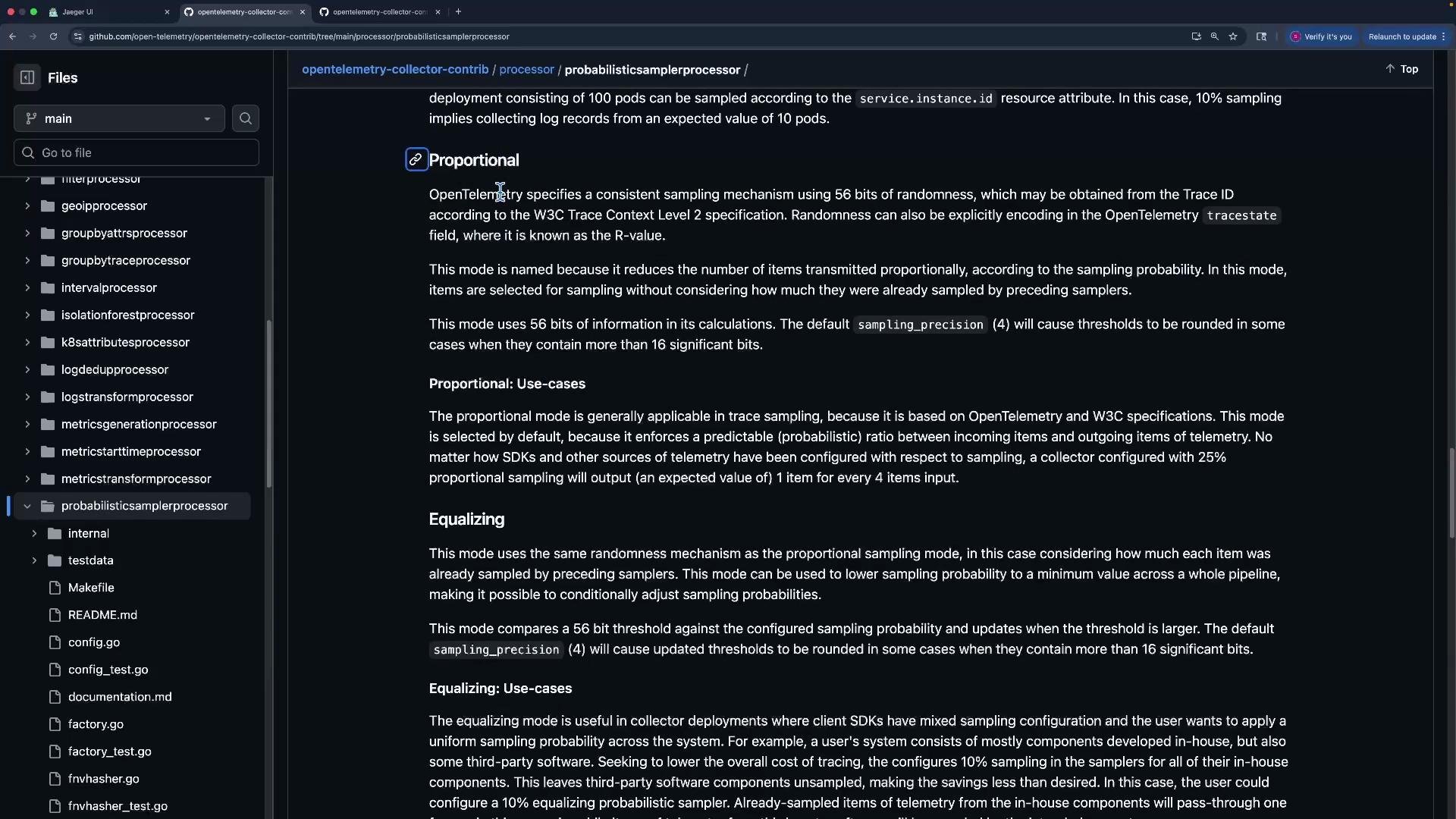 The image shows a GitHub page displaying documentation for the "probabilisticsamplerprocessor" within the OpenTelemetry Collector contrib project. It includes detailed text about proportional and equalizing sampling modes.