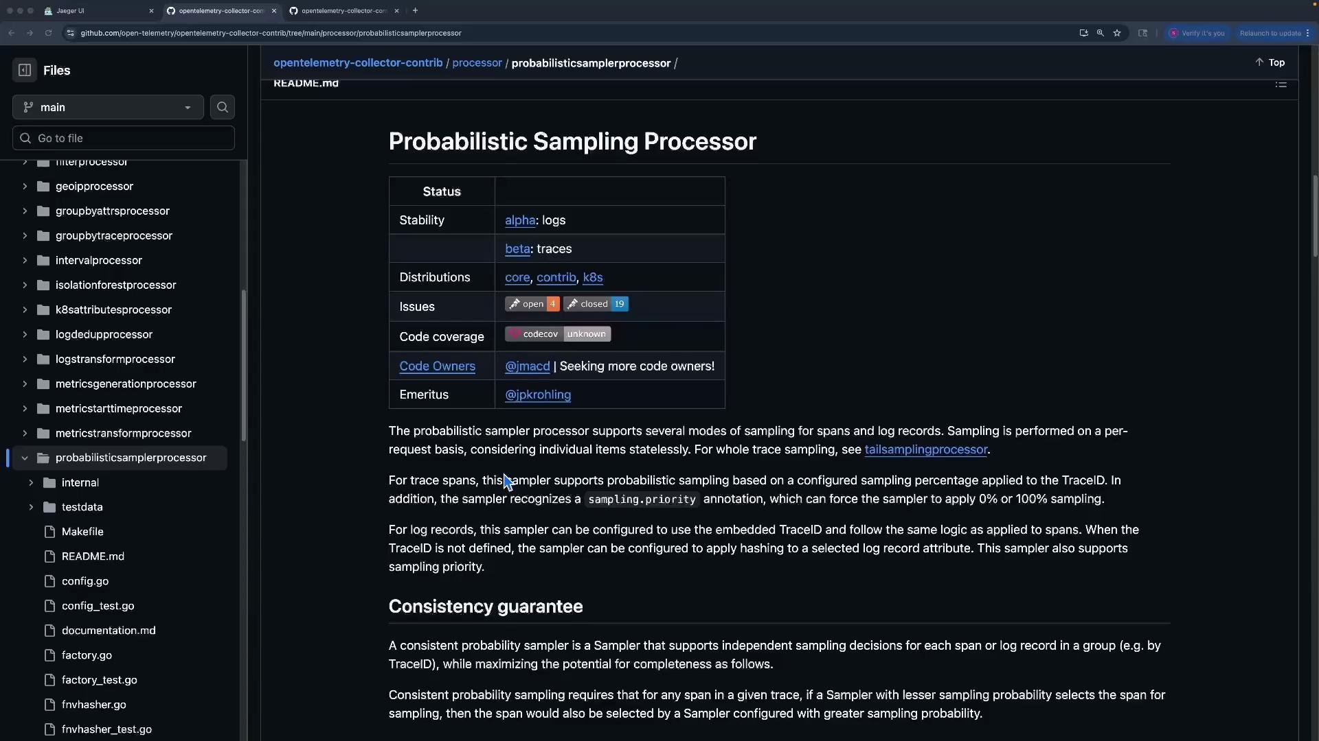 The image shows a GitHub page for the "Probabilistic Sampling Processor" within the OpenTelemetry collector contributions. It includes status details, code ownership, and a description of the processor's functionality.