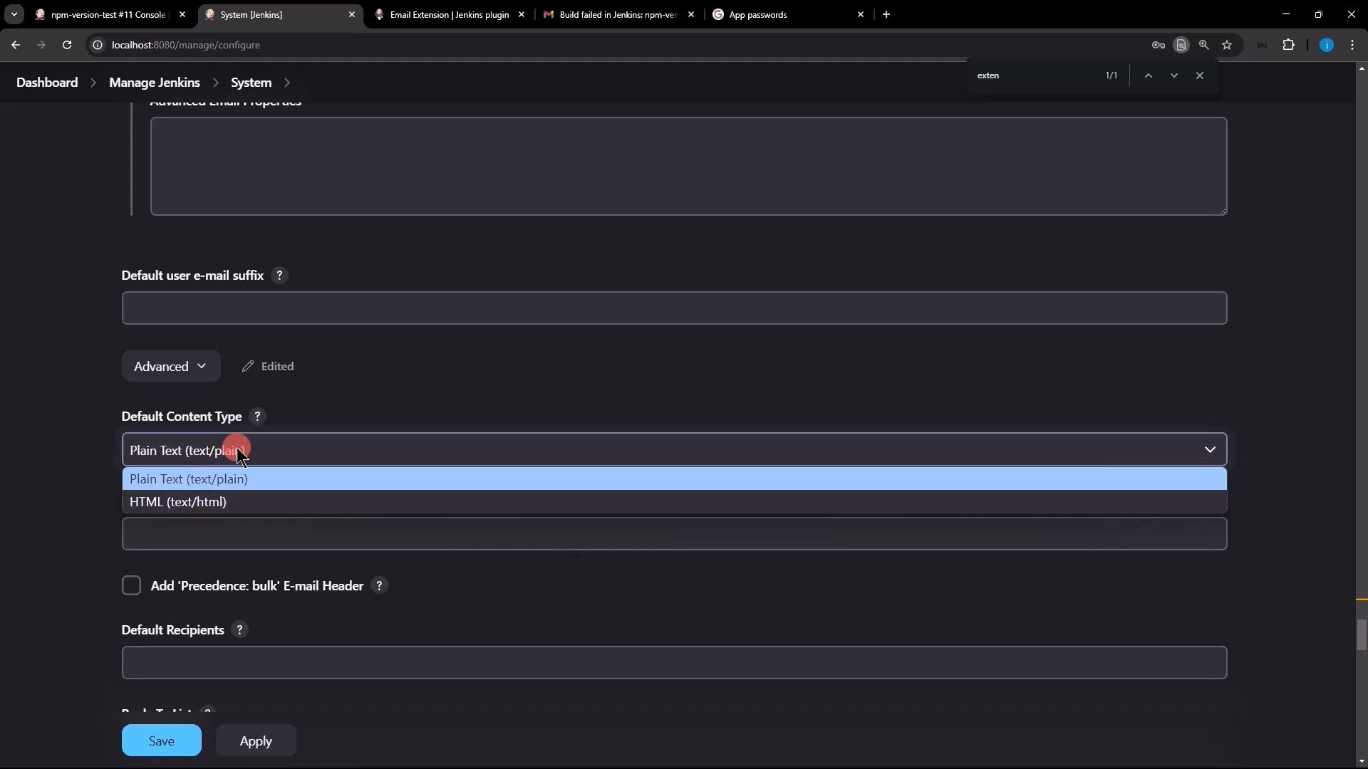A dark-themed browser window showing the Jenkins "Manage Jenkins > System" configuration page, specifically the email settings with the "Default Content Type" dropdown open (Plain Text selected) and fields for default user e-mail suffix and recipients. Save and Apply buttons are visible at the bottom.