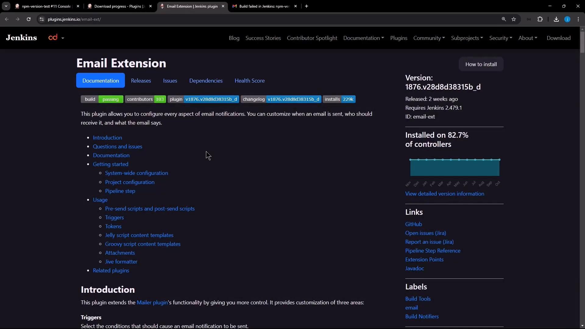 Screenshot of the Jenkins "Email Extension" plugin page in a dark theme, showing documentation links and feature sections on the left and version/installation stats and links on the right. The top has Jenkins navigation and tabs for Documentation, Releases, Issues, Dependencies, and Health Score.