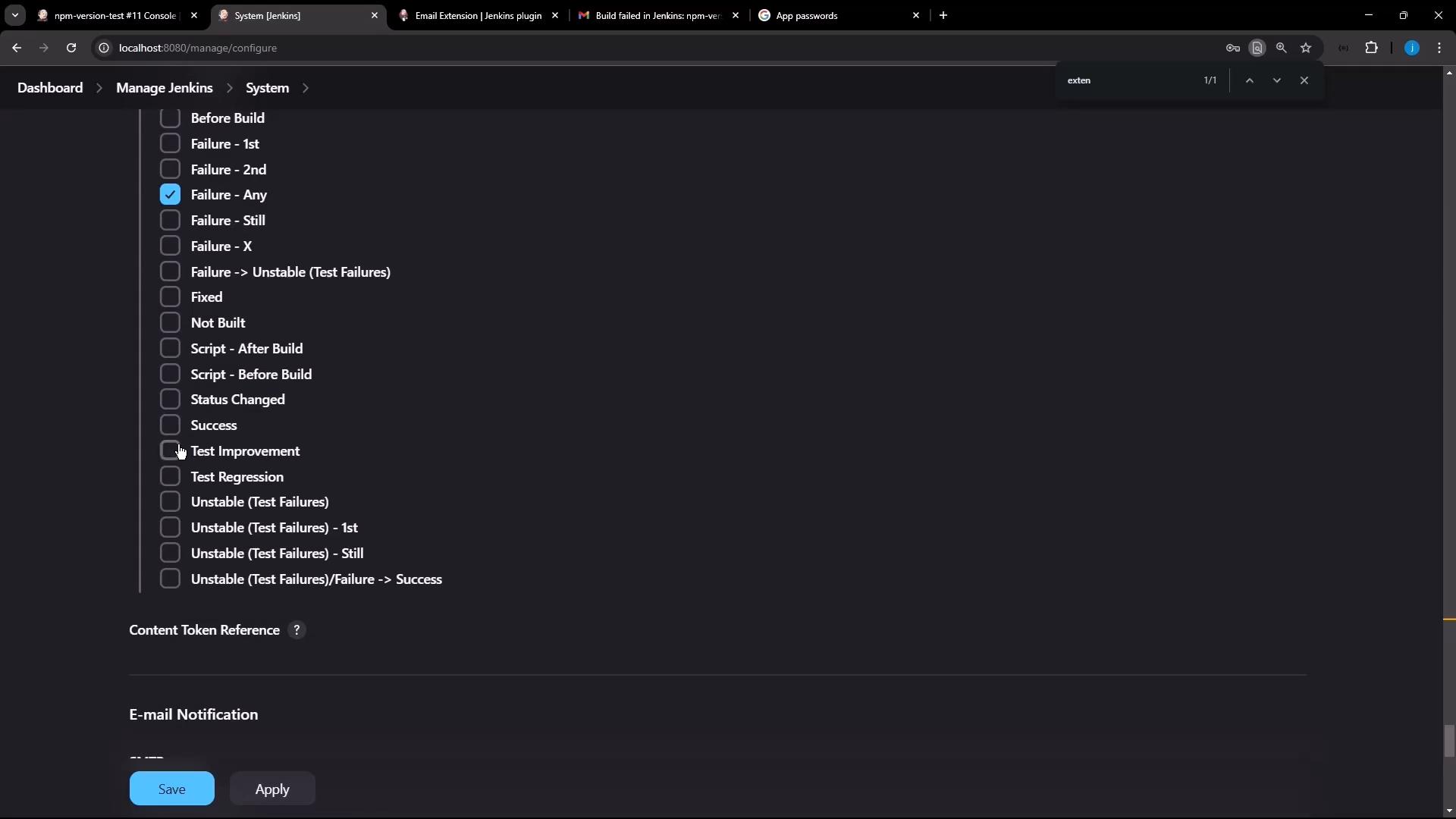 A dark-themed screenshot of the Jenkins "Manage Jenkins > System" configuration page showing a list of notification trigger checkboxes (e.g., Failure - Any is checked). The bottom shows "Content Token Reference" and Save/Apply buttons.
