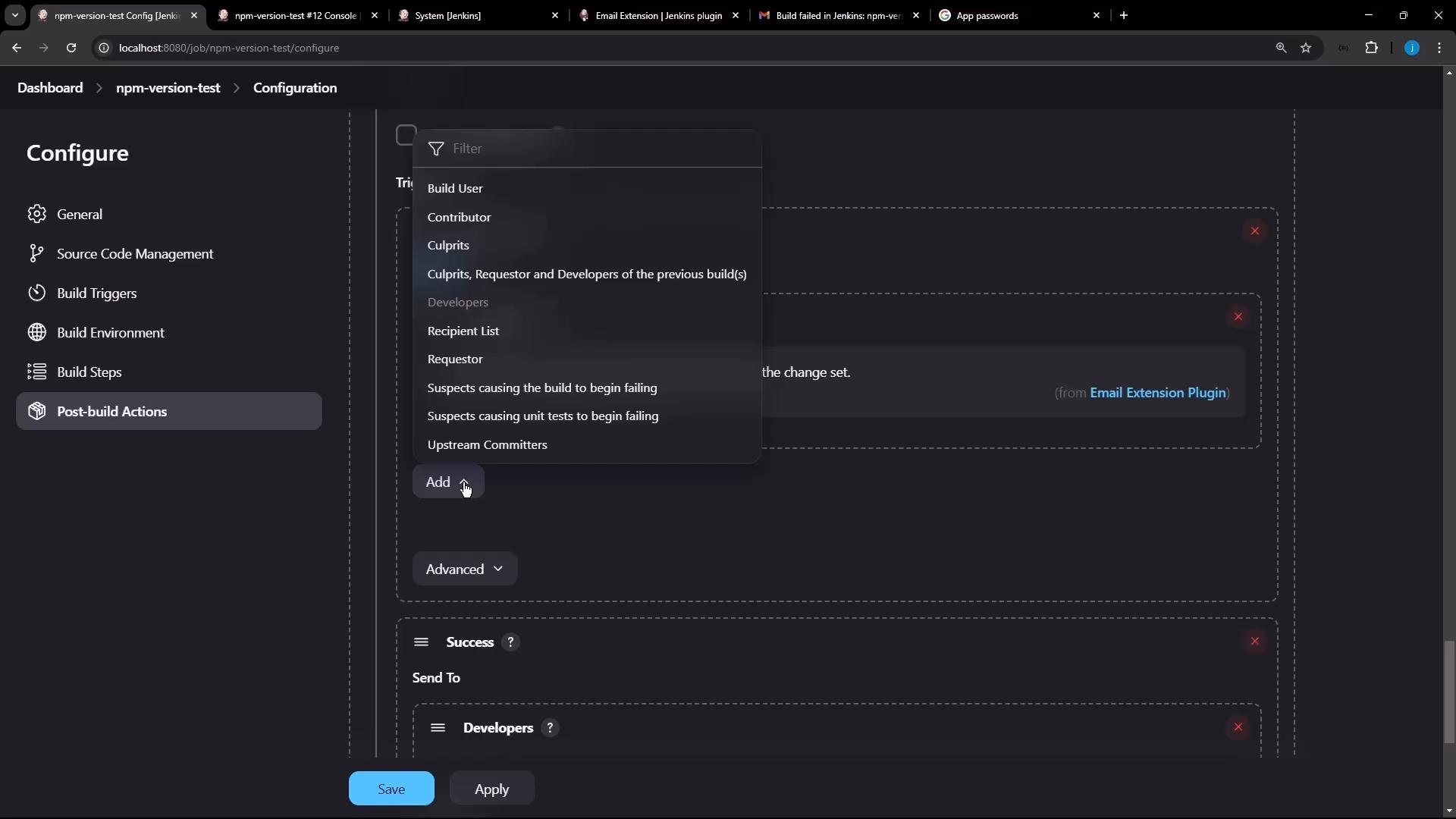 A dark-themed Jenkins job configuration screen showing the "Post-build Actions" section with an open dropdown of email recipient options (e.g., Build User, Culprits, Developers) from the Email Extension plugin. The page includes Save/Apply buttons and a left navigation with sections like General and Build Triggers.