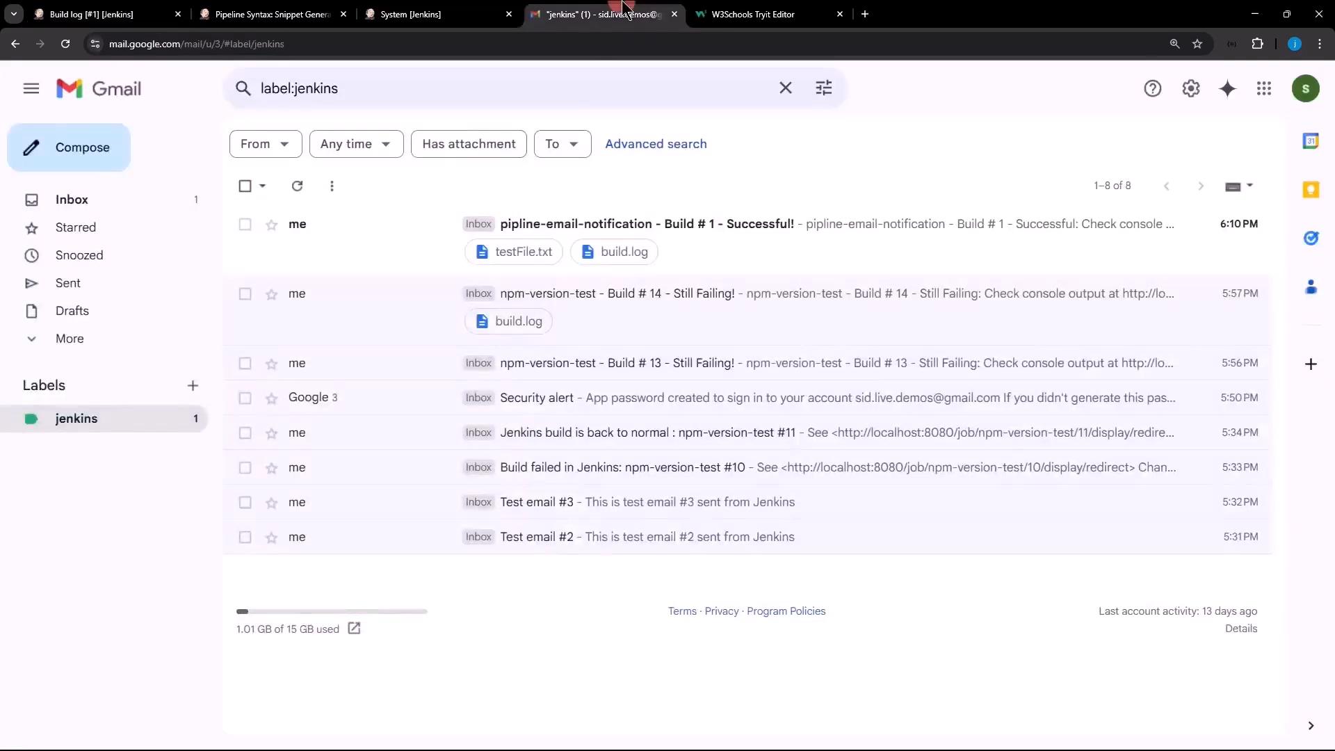A Gmail web inbox screenshot showing a "jenkins" label with a list of automated Jenkins build notification emails (subjects like build successes and failures). The message list includes attachments and timestamps along the right.