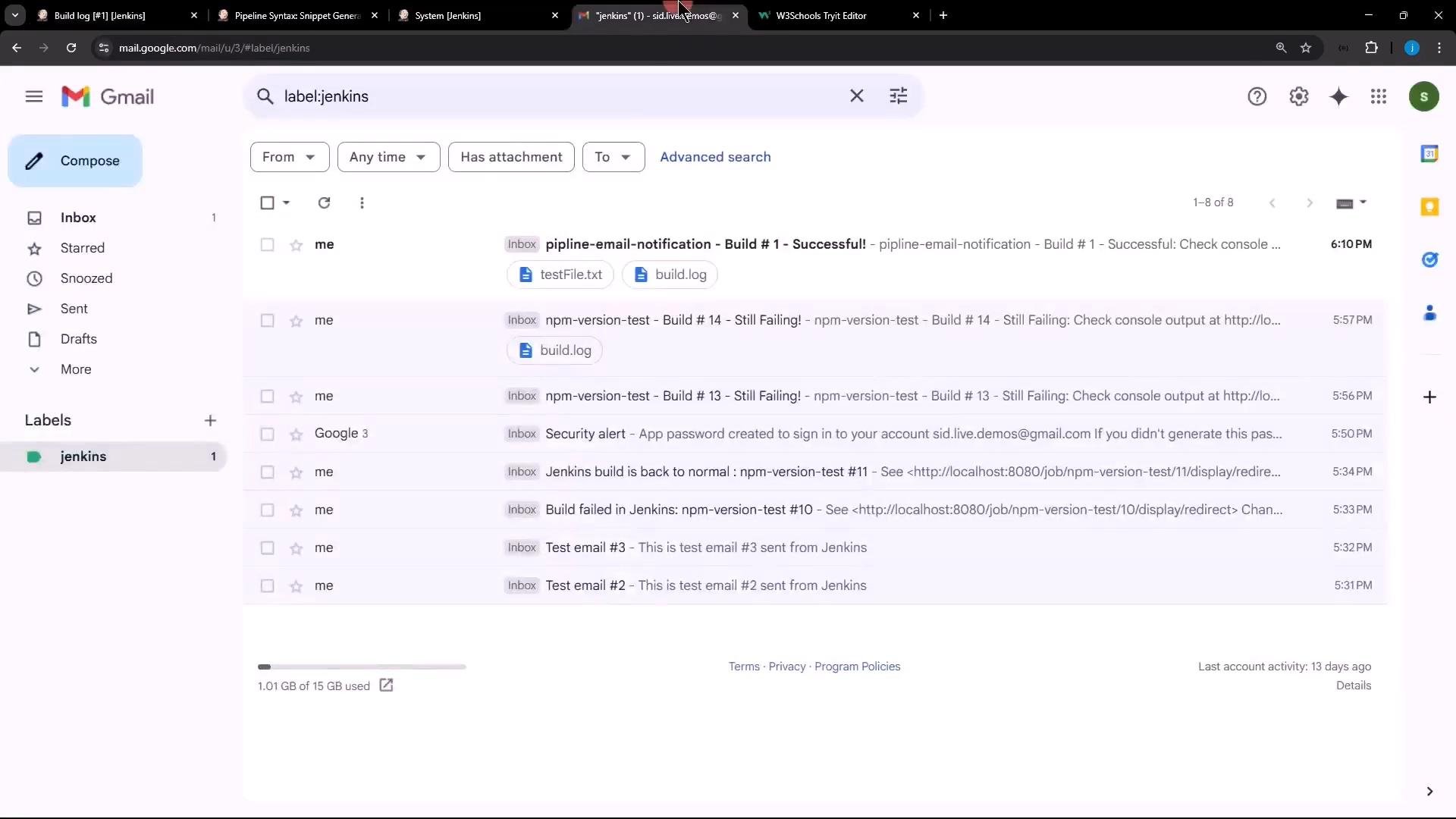 A Gmail web inbox screenshot showing a "jenkins" label with a list of automated Jenkins build notification emails (subjects like build successes and failures). The message list includes attachments and timestamps along the right.