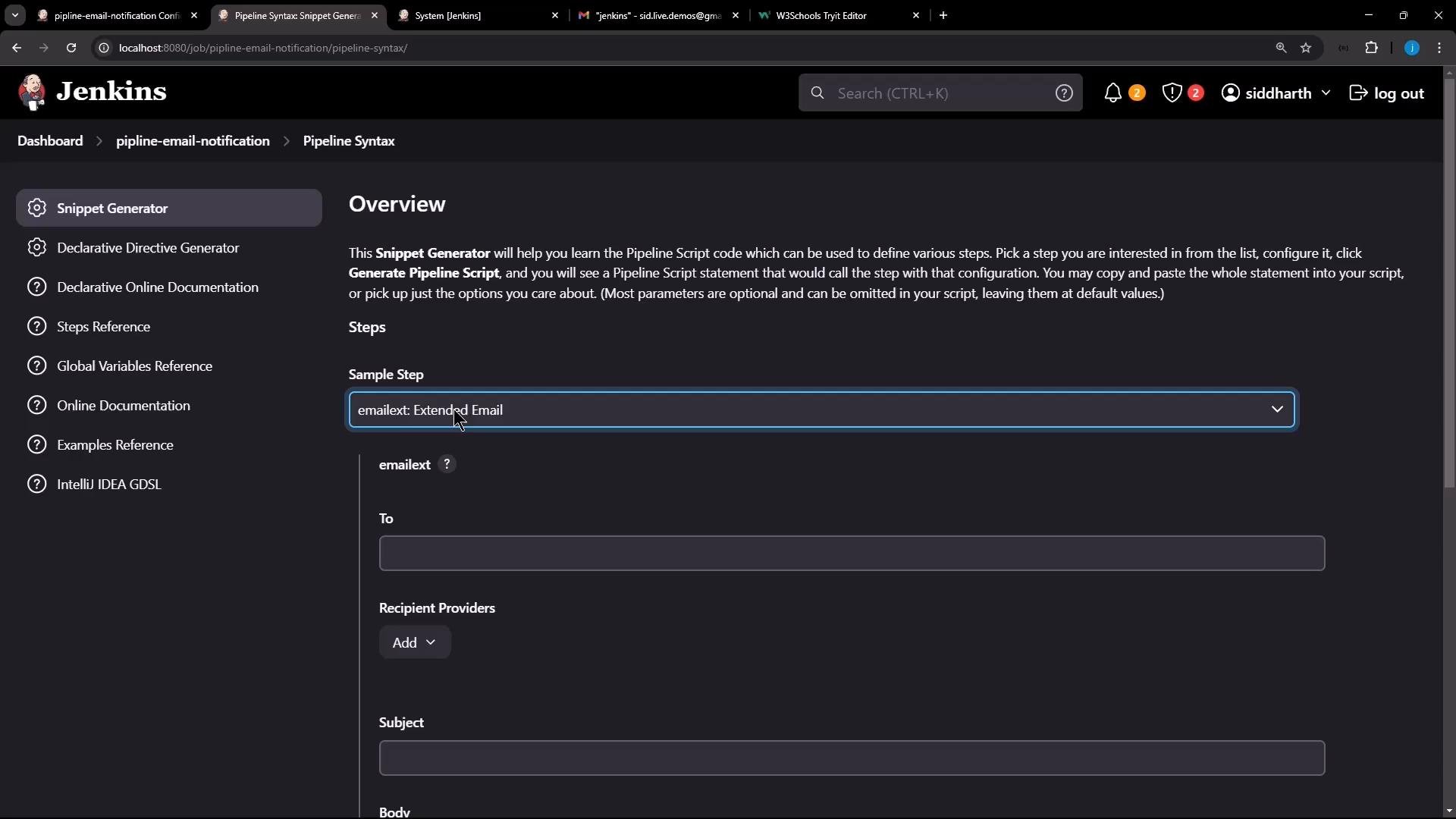 A screenshot of the Jenkins web UI open to the Pipeline Syntax Snippet Generator, showing the "emailext: Extended Email" sample step with fields for To, Recipient Providers, Subject, and Body. The left sidebar lists links like Snippet Generator, Declarative Directive Generator, and documentation references.