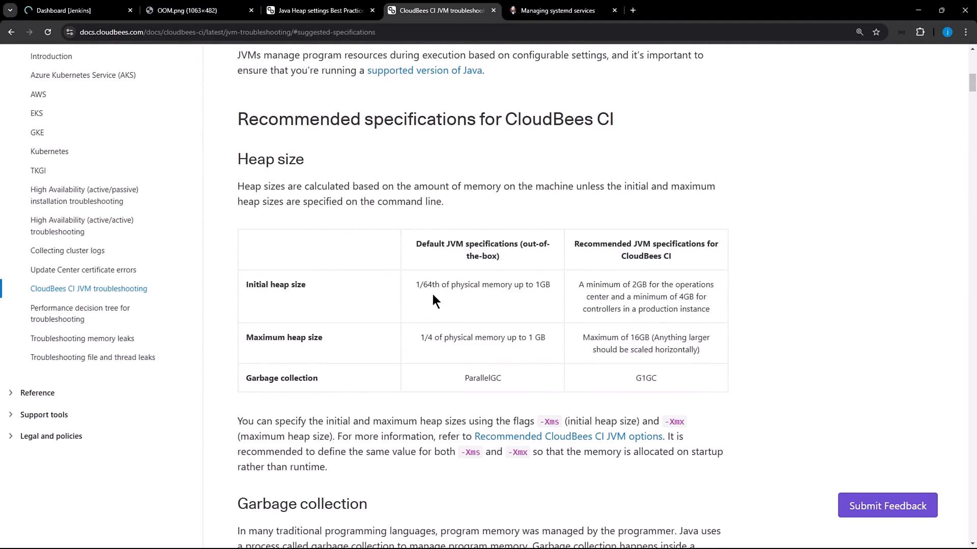 A screenshot of CloudBees CI documentation titled "Recommended specifications for CloudBees CI," showing a section about Heap size with a table of initial/maximum heap sizes and garbage collection recommendations. The page includes a left navigation menu and a "Submit Feedback" button.