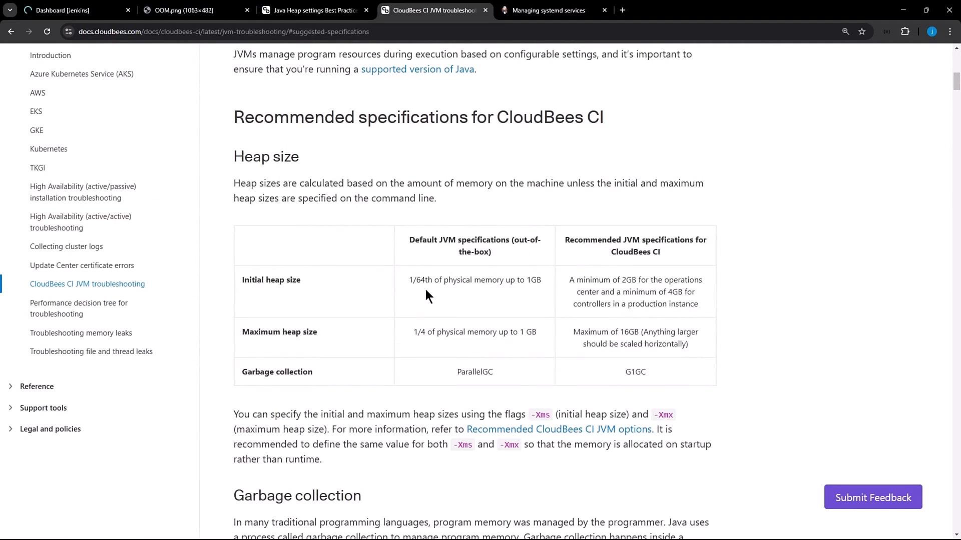 A screenshot of CloudBees CI documentation titled "Recommended specifications for CloudBees CI," showing a section about Heap size with a table of initial/maximum heap sizes and garbage collection recommendations. The page includes a left navigation menu and a "Submit Feedback" button.