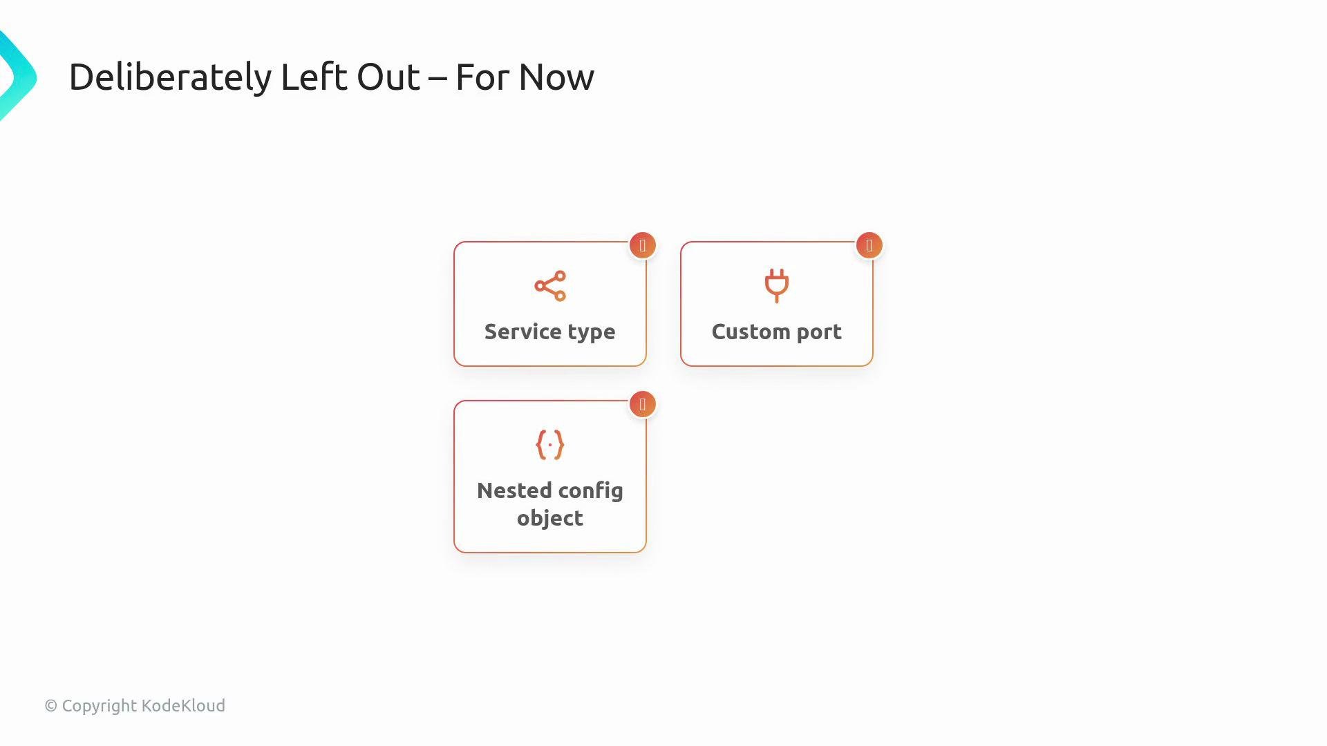 The image features a list titled "Deliberately Left Out – For Now" with three items: Service type, Custom port, and Nested config object. Each item is accompanied by an icon.